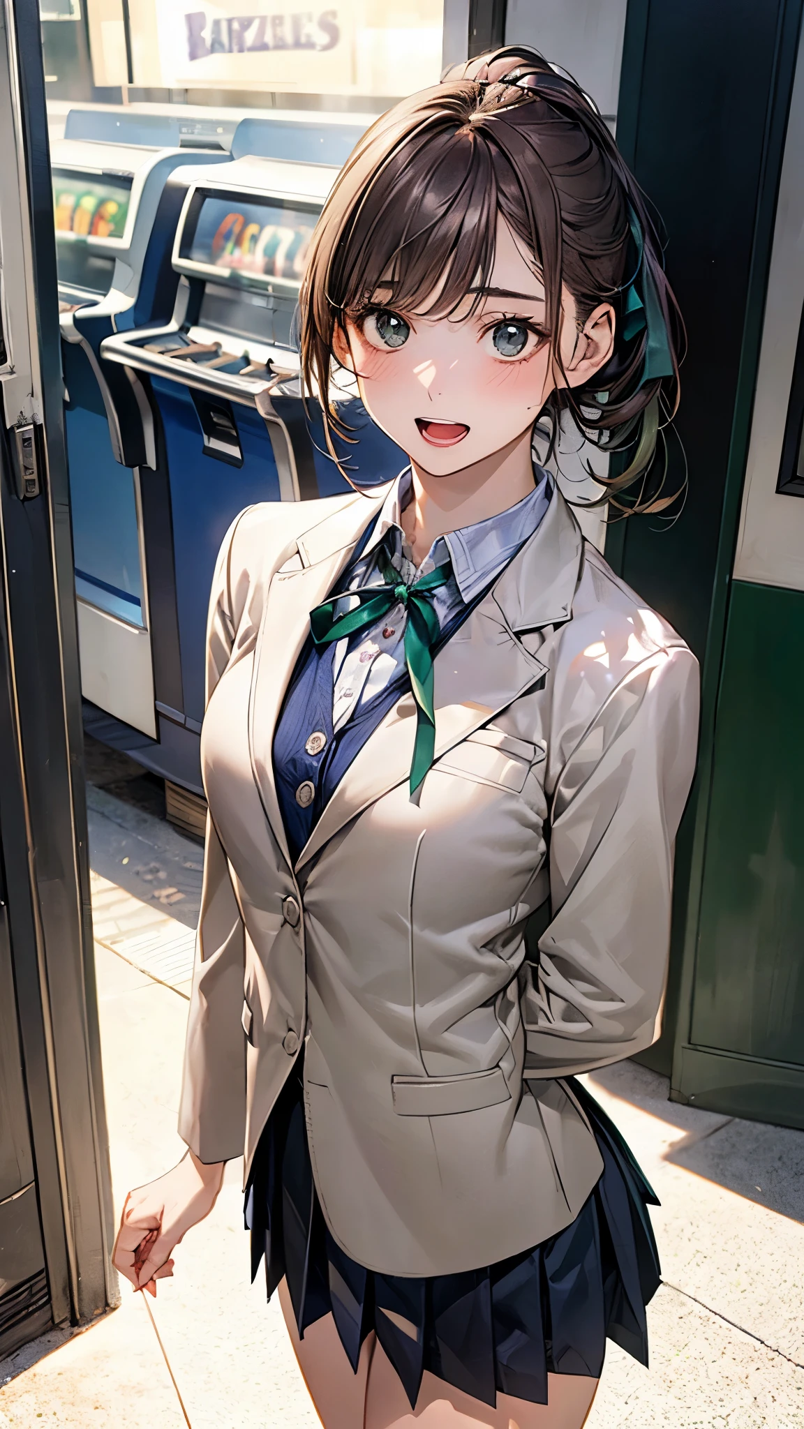 (masterpiece:1.2, top-quality), (realistic, photorealistic:1.4), beautiful illustration, (natural side lighting, movie lighting), 
looking at viewer, 1 girl, japanese, high dchool girl, , perfect face, perfect body, cute and symmetrical face, shiny skin, babyface, ti
(short hair:1.5, low ponytail:1.6, long sideburns, light brown hair), asymmetrical bangs, dark green eyes, drooping eyes, (middle breasts, seductive thighs, big ass), 
beautiful hair, beautiful face, beautiful detailed eyes, beautiful clavicle, beautiful body, beautiful chest, beautiful thigh, beautiful legs, beautiful fingers, 
(((white school blazer, closed blazer), gray collared shirt, navy blue box pleated skirt), violet neck ribbon, emerald green hair ribbon), 
(beautiful scenery), evening, (outside amusement arcade), standing, hand on chest, (frightened, open mouth small), 
