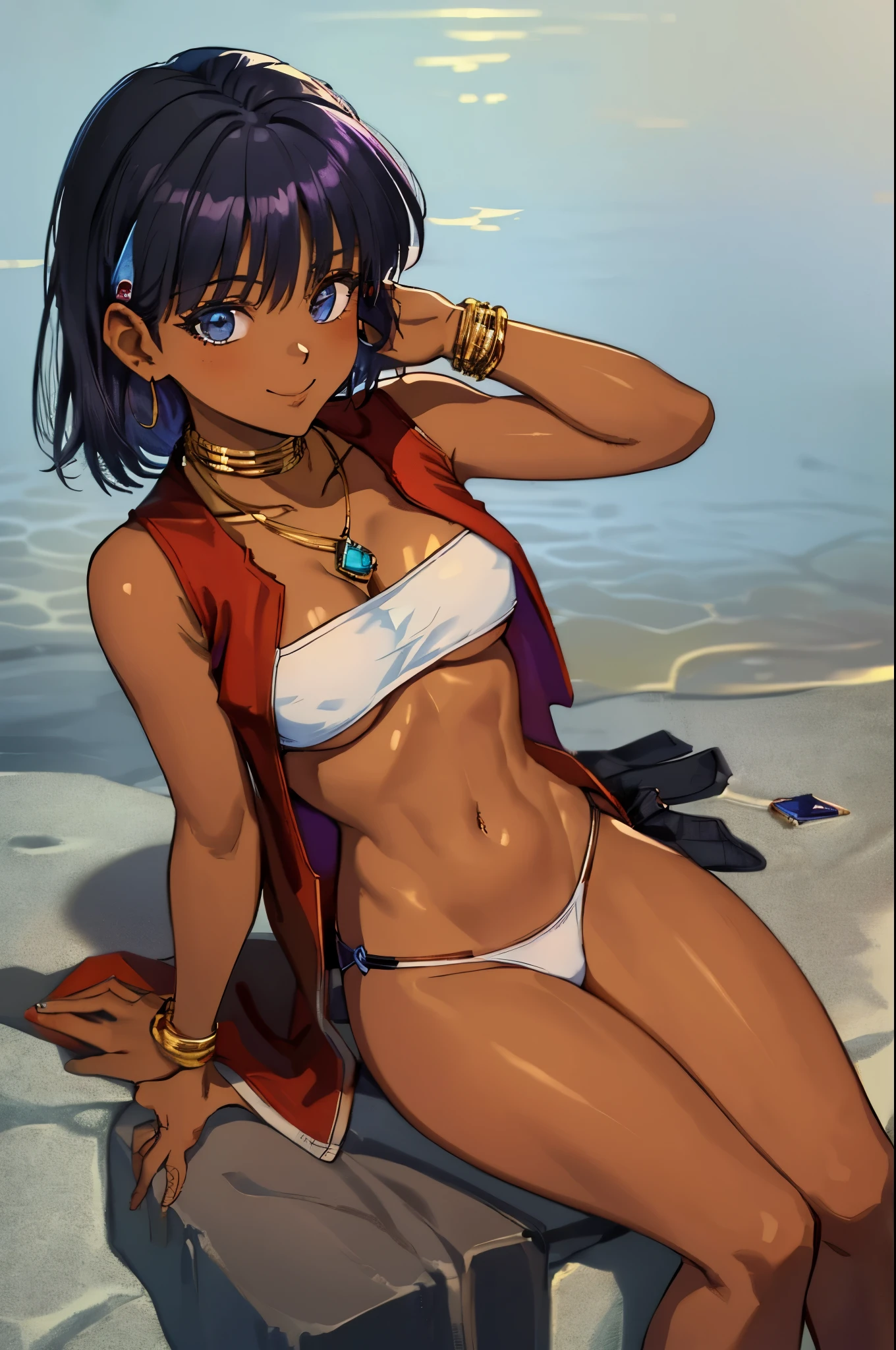 (masterpiece, highest quality;1.3), very detailed, 1 girl, alone, fine skin, looking at the viewer, black skin, smile, dark purple hair, hungry, nadia, cowboy shot, white bandeau swimsuit, red vest,Gold collar, Necklace with large light blue gemstones,sitting,