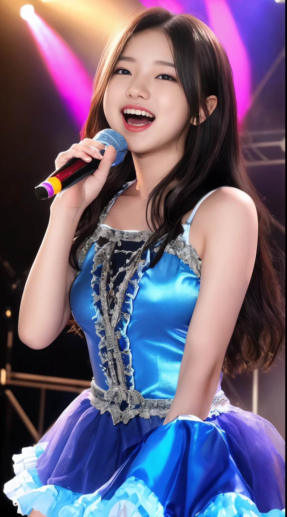 NSFW、masterpiece、最high quality、high quality、high quality、premium quality、wonderful品質、Exceptional quality、excellent quality、Luxurious quality、excellent quality、best image quality、8k、super resolution、最High resolution、High resolution、最high quality、Rich shades、shining quality、crystal clear、realistic images、perfect details、Image without defects、clear image、wonderful表示、bright colors、deep contrast、high fidelity、amazing clarity、optimal performance、image of a well、realistic、wonderful、perfect image、Close to reality、Realistic human body in every detail、Realistic skin in every detail、Realistic face in every detail、Realistic eyes in every detail、Realistic lips in every detail、Realistic teeth in every detail、Realistic ears down to the last detail、Realistic hair down to the last detail、Realistic arms down to the last detail、Realistic reproduction of every detail、Realistic fingers in every detail、(fine hands、thumb１reference４)、Realistic feet in every detail、pretty girl、beautiful girl、attractive girl、attractive young woman、wonderfulティーンエイジャー、adorable girl、Shining Girl、innocent girl、sweet girl、beautiful adolescent girl、cute young woman、 the girl who captures your heart、dazzling girl、elegant girl、((japanese model))、((12 years old))、(black hair)、(straight hair)、((whole body))、((developing breasts、small breasts))、(slim style、underdeveloped body shape)、(whole body光沢肌、Fair skin)、Detailed and realistic human body、detailed realistic skin、detailed realistic face、detailed realistic arms、detailed realistic fingers、Detailed realistic feet、(professional lighting)、((big stage venue))、((large concert venue)、((big live venue))、(on stage)、((Junior idol))、((singer))、((Rainbow-colored transparent see-through(stage costume with frills))、(((on stage(microphone１have、Sing enthusiastically)))、(whole body映像)、angle from below、(Lots of galleries、large audience)