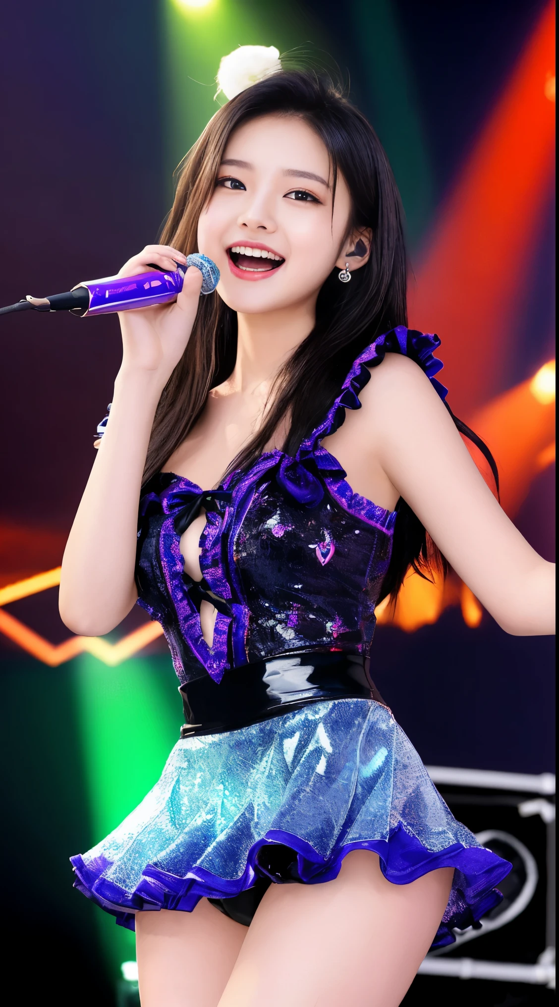 NSFW、masterpiece、最high quality、high quality、high quality、premium quality、wonderful品質、Exceptional quality、excellent quality、Luxurious quality、excellent quality、best image quality、8k、super resolution、最High resolution、High resolution、最high quality、Rich shades、shining quality、crystal clear、realistic images、perfect details、Image without defects、clear image、wonderful表示、bright colors、deep contrast、high fidelity、amazing clarity、optimal performance、image of a well、realistic、wonderful、perfect image、Close to reality、Realistic human body in every detail、Realistic skin in every detail、Realistic face in every detail、Realistic eyes in every detail、Realistic lips in every detail、Realistic teeth in every detail、Realistic ears down to the last detail、Realistic hair down to the last detail、Realistic arms down to the last detail、Realistic reproduction of every detail、Realistic fingers in every detail、(fine hands、thumb１reference４)、Realistic feet in every detail、pretty girl、beautiful girl、attractive girl、attractive young woman、wonderfulティーンエイジャー、adorable girl、Shining Girl、innocent girl、sweet girl、beautiful adolescent girl、cute young woman、 the girl who captures your heart、dazzling girl、elegant girl、((japanese model))、(())、(black hair)、(straight hair)、((whole body))、((developing breasts、small breasts))、(slim style、underdeveloped body shape)、(whole body光沢肌、Fair skin)、Detailed and realistic human body、detailed realistic skin、detailed realistic face、detailed realistic arms、detailed realistic fingers、Detailed realistic feet、(professional lighting)、((big stage venue))、((large concert venue)、((big live venue))、(on stage)、((Junior idol))、((singer))、((Rainbow-colored transparent see-through(stage costume with frills))、(((on stage(microphone１have、Sing enthusiastically)))、(whole body映像)、angle from below、(Lots of galleries、large audience)