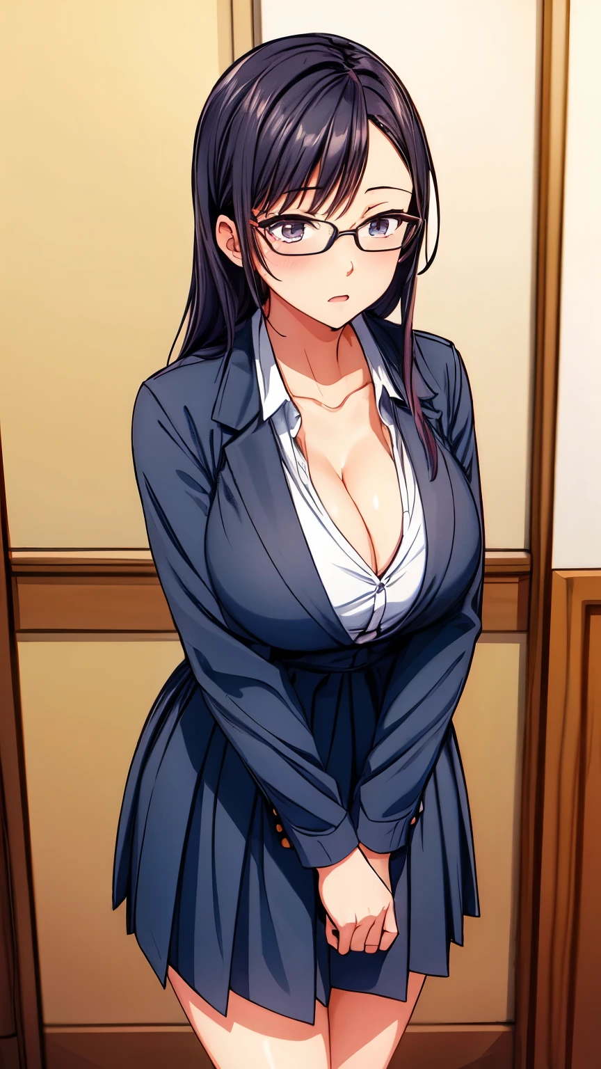 1 girl, long hair, wearing glasses, wearing a school uniform that shows her cleavage, serious face 