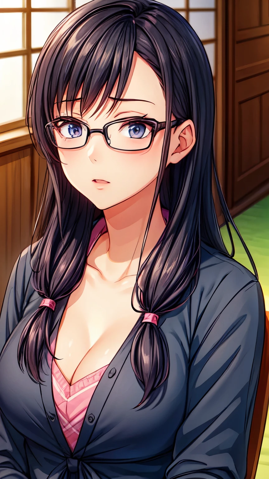 1 girl, long hair, wearing glasses, wearing a school uniform that shows her cleavage, serious face 