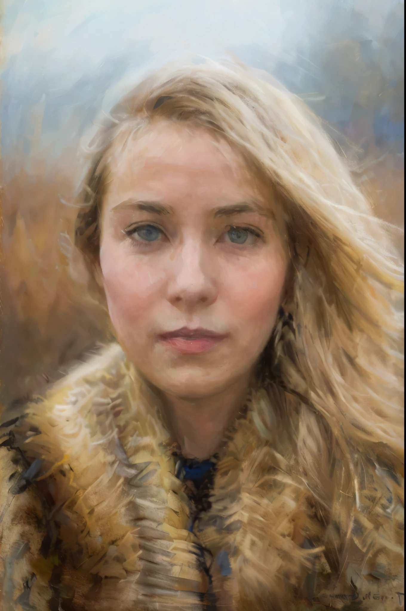 blond woman with blue eyes and a fur collar looking at the camera, masterpiece on canvas in the style of Claude Monet, ClaudeMonet,A middle-aged brunette woman, ssmile, Extremely beautiful, Detailed landscape, Hyper-realistic, Elements of symbolism and surrealism, intricatedesign, Foliage, florals, landscape, pastel colour, Blue details, pink details, The woman looked at the audience, Directly on the camera.