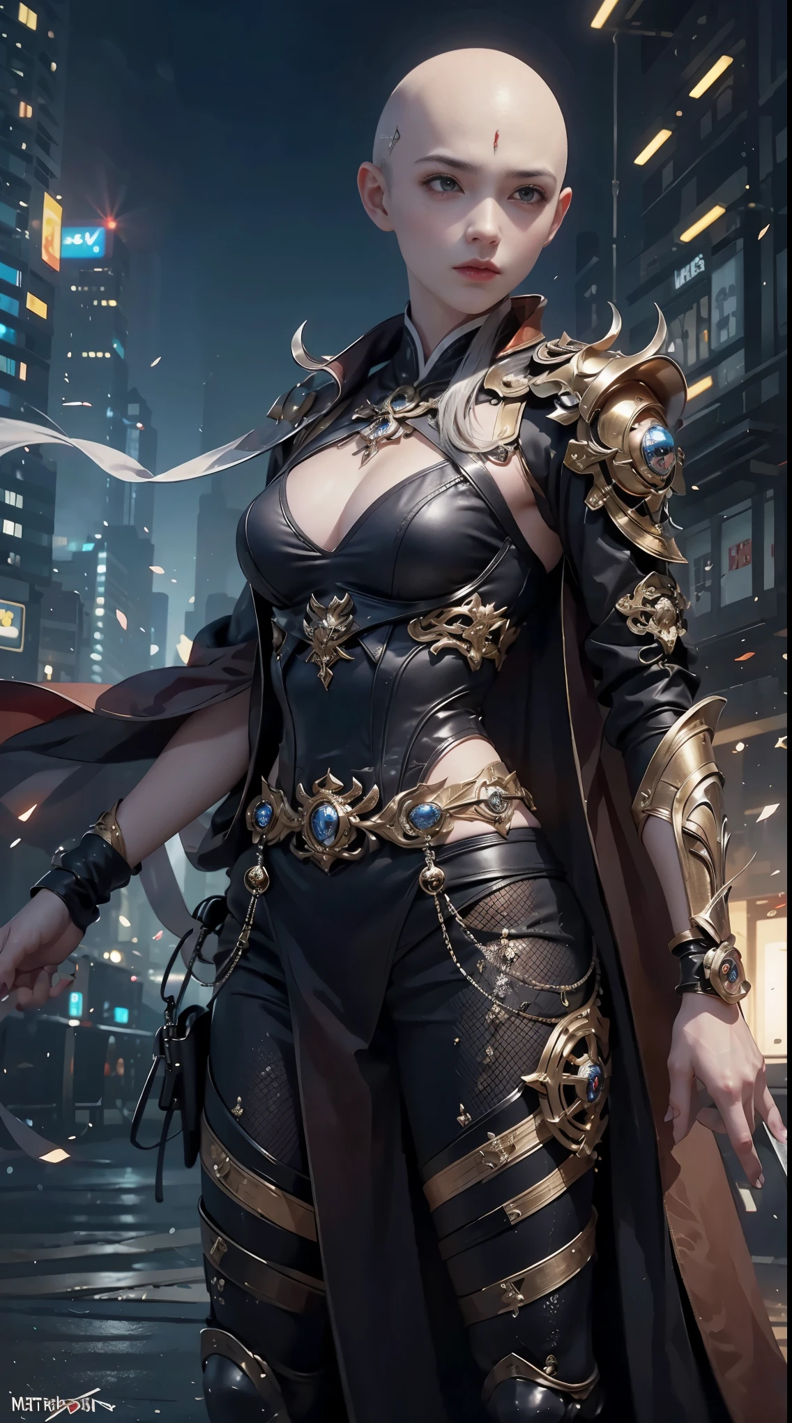 Samurai sword，sh4g0d style cyberpunk female warrior，(Bald，monk:1.3),bushido,robe