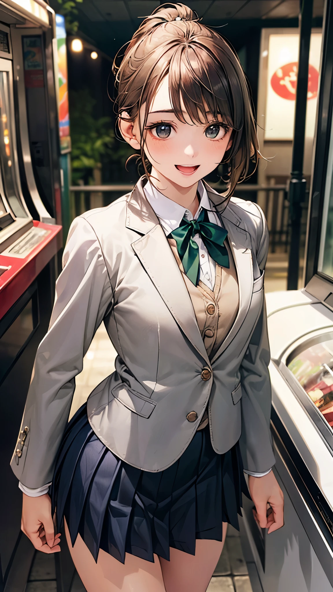 (masterpiece:1.2, top-quality), (realistic, photorealistic:1.4), beautiful illustration, (natural side lighting, movie lighting),
looking at viewer, 1 girl, japanese, high dchool girl, , perfect face, perfect body, cute and symmetrical face, shiny skin, babyface, tiny,
(short hair:1.5, low ponytail:1.6, long sideburns, light brown hair), asymmetrical bangs, dark green eyes, drooping eyes, (middle breasts, seductive thighs, big ass),
beautiful hair, beautiful face, beautiful detailed eyes, beautiful clavicle, beautiful body, beautiful chest, beautiful thigh, beautiful legs, beautiful fingers,
(((white school blazer, closed blazer), gray collared shirt, navy blue box pleated skirt), violet neck ribbon, emerald green hair ribbon),
(beautiful scenery), evening, (outside amusement arcade), standing, leaning forward, (lovely smile, upper eyes, open mouth small),