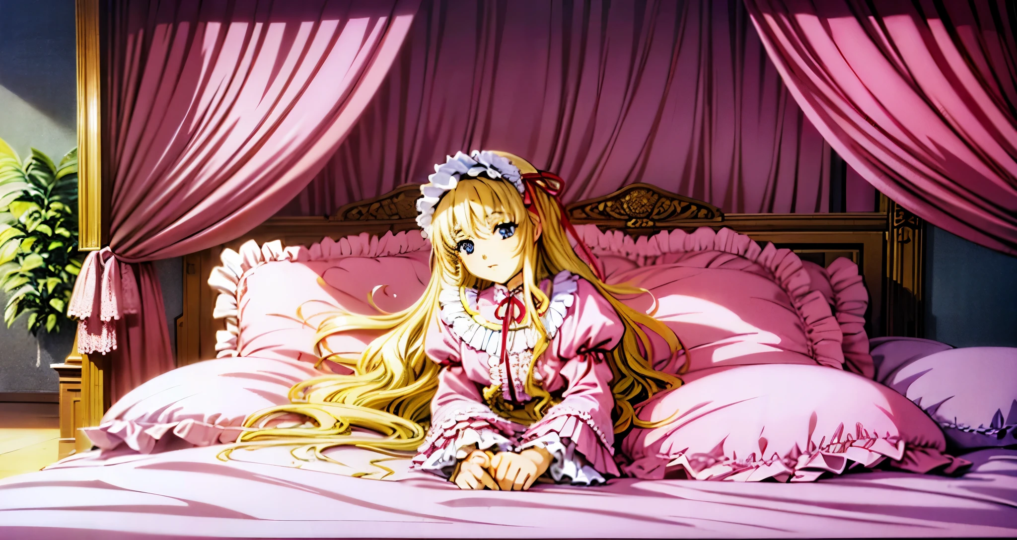 ,highest quality, masterpiece, highest resolution, artwork, super それにget used to it, many get used to it, get used to it, それにget used to it, 3K anime illustration,(( 10 year old girl)),Super detailed baby face,high quality small face,long blonde hair that grows to the waist,blue eyes,白い肌のeuropean,pajamas, european,(((super long blonde hair))),curly hair,blue eyes,((((ピンクのロリータファッションのlong skirtのワンピースドレス)))),((Pink dress with plenty of frills and ribbons)),((Luxurious headdress with frills and ribbons)),Detailed headdress,,(((big yoke collar))),Yoke collar with ruffles and ribbons,((((long sleeve)))),ruffle sleeves,((((long skirt)))),white ruffle and lace socks,large frill and ribbon pillow,(((fine pink costume))),豪華なcanopy bedの上,canopy bed,The bed is surrounded by luxurious curtains,many frilly pillows on the bed,A lot of frilly pillows behind the girl,super detailed background,detailed bed,soft pink comforter,Super detailed soft ruffle pillow,Beautiful girl illustration,super detailed beautiful face,detailed hair,detailed eye ,super detailed eyes,Super detailed eye highlights,super detailed mouth, arm details,fine hands,Detailed pillow,wide bed,Illustration on the bed, ,((((round futon)))),((((A large ruffled futon that covers the entire bed)))),detailed comforter,detailed bedシーツ,Before bedtime,romantic atmosphere,palace bedroom,((((The lower half of the body is hidden under the futon and the puffy skirt...)))) The girl is leaning on a pile of pillows, ,((((round futon)))),((((A large futon with frills that covers the entire bed)))),