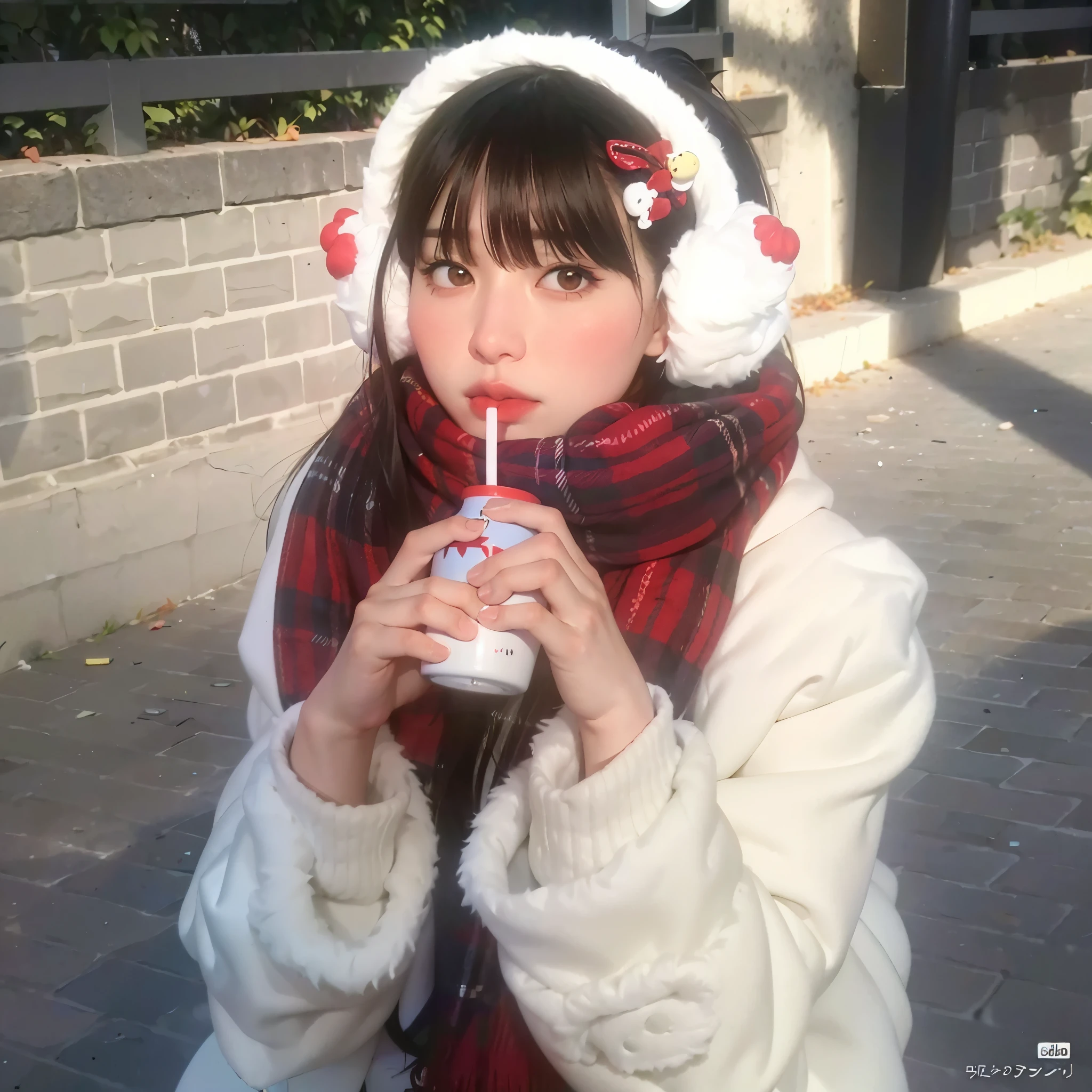 araffe girl in a white coat drinking a drink with a red and white scarf, ulzzang, chiho, cold as ice! 🧊, guweiz, cold, drinking a strawberry iced latte, lalisa manobal, chilly, anime girl in real life, 🍁 cute, belle delphine, anime girl drinks energy drink, cute kawaii girl