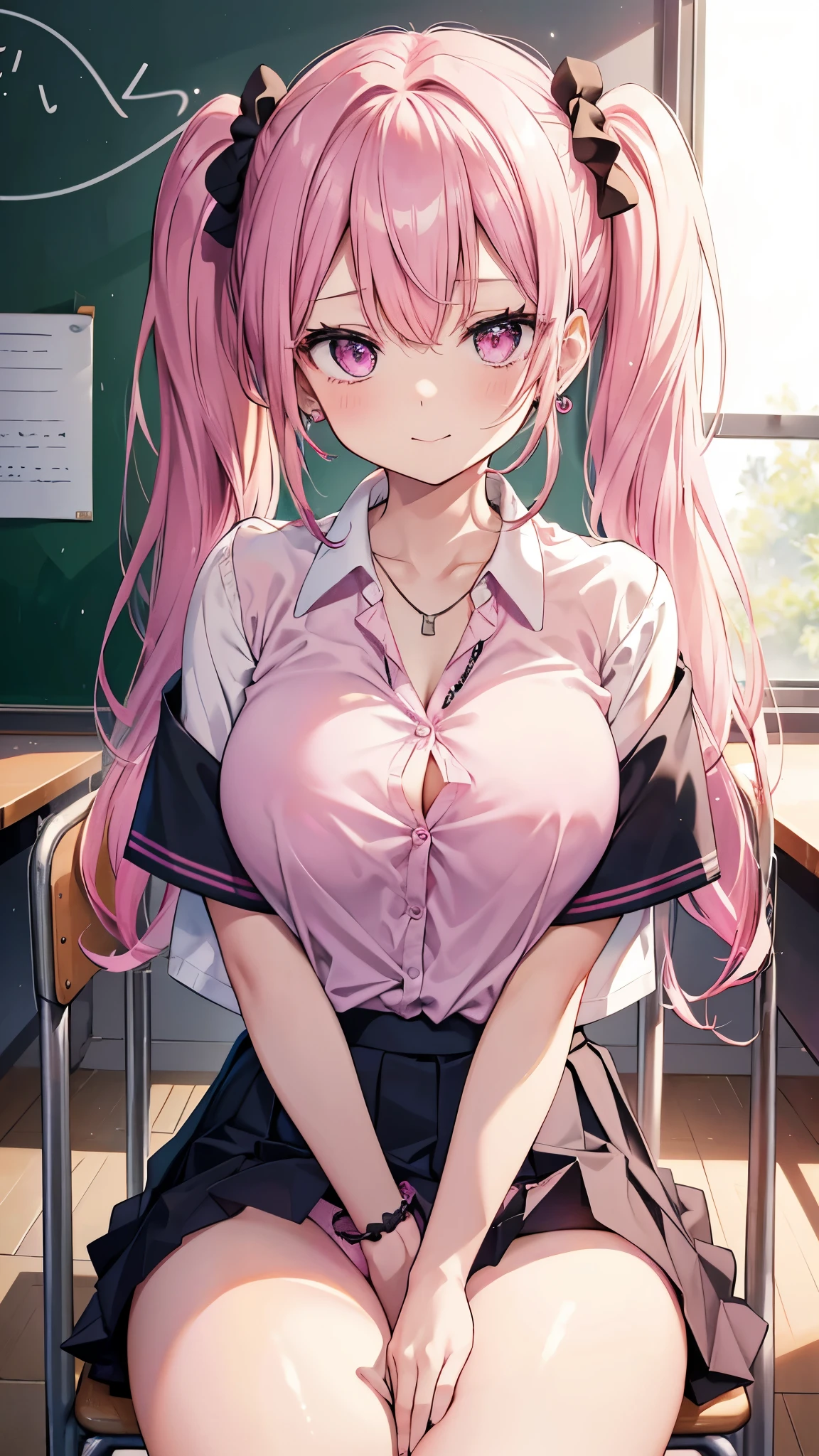 (8k、best image quality、highest quality、masterpiece)、detailed face、1 girl、pink haired、((twin tails))、pink eyes、earrings、with an evil smile、big and full breasts、necklace、cleavage、Scrunchie on the right wrist、((((Unbuttoned school uniform))))、short sleeve、((black pleated skirt))、It's a chair、((spread legs))、(((pink panties)))、classroom background、Photographed from the front、throw