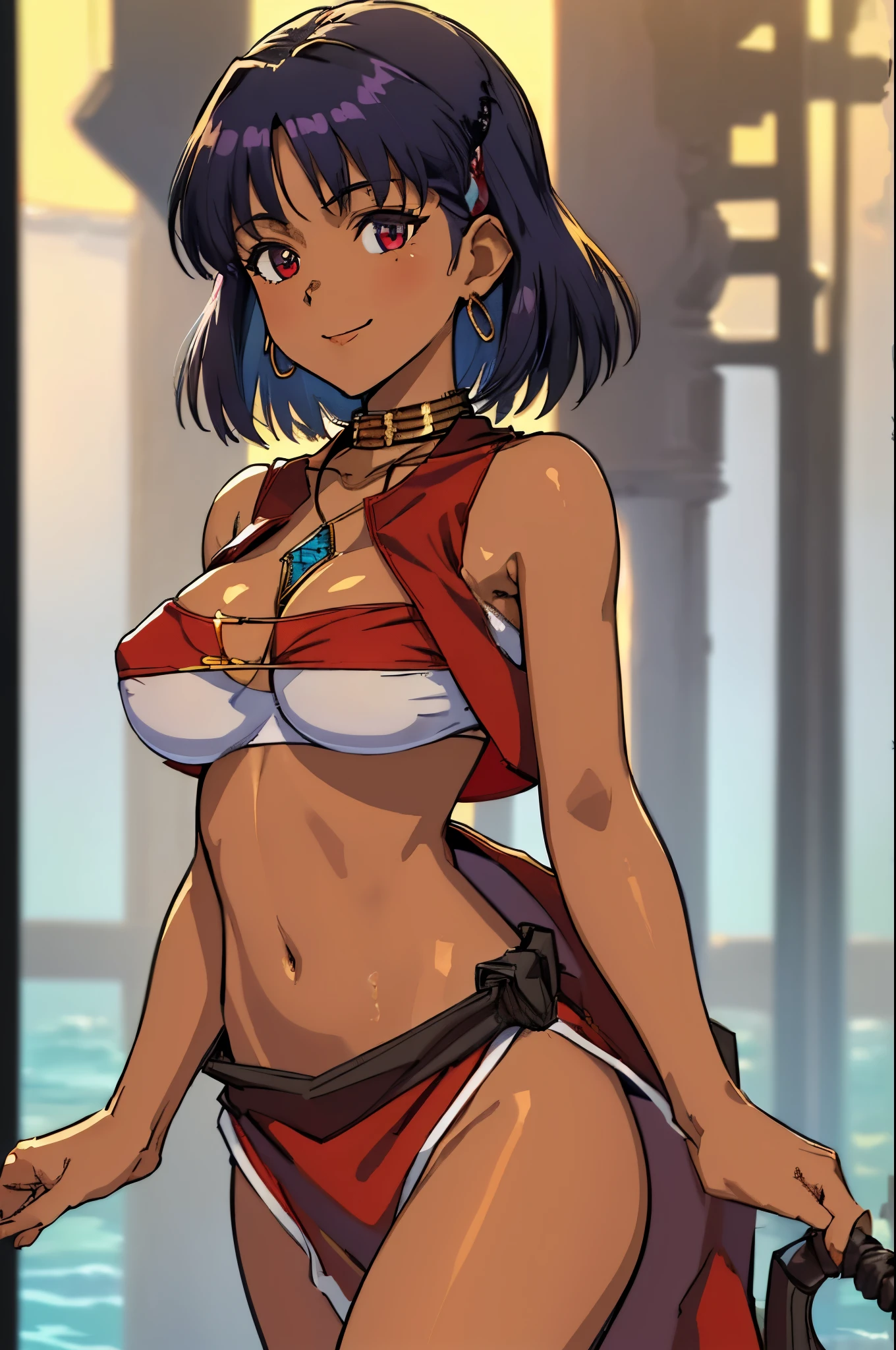 (masterpiece, highest quality;1.3), very detailed, 1 girl, alone, fine skin, looking at the viewer, black skin, smile, hungry, big breasts,cowboy shot, nadia,dark purple hair, white bandeau swimsuit, red vest,Gold collar, Necklace with large light blue gemstones, walk,