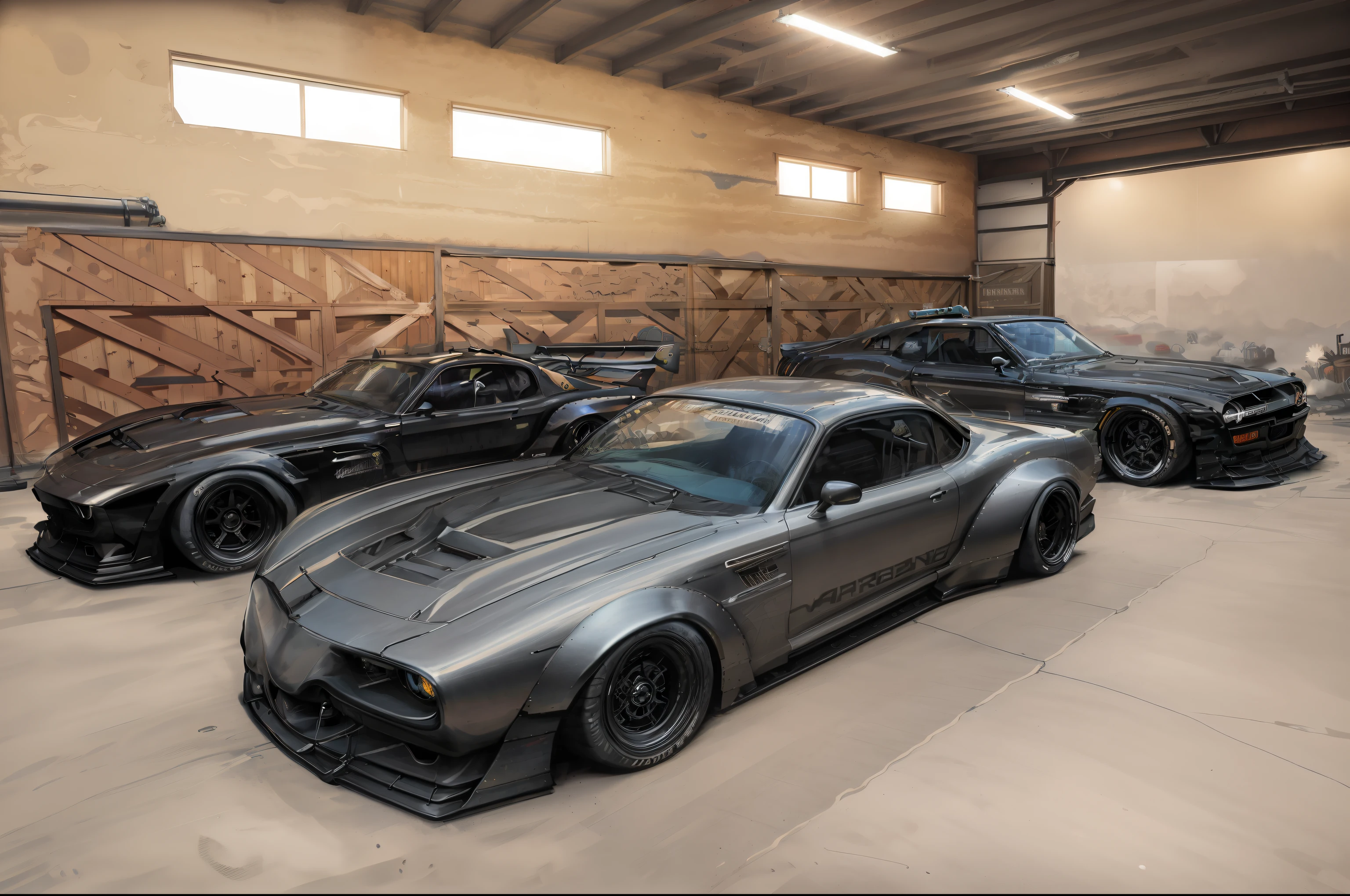 several cars are parked in a garage with a wooden wall, muscle cars, car garage, in a row, front side full, extreme detailing, lined up horizontally, top down photo, s clean lines, detailing, oc, by Jeffrey Smith, wide body, some of the blacktop is showing, a wide full shot, chrome and carbon, wide shot!!!!!!