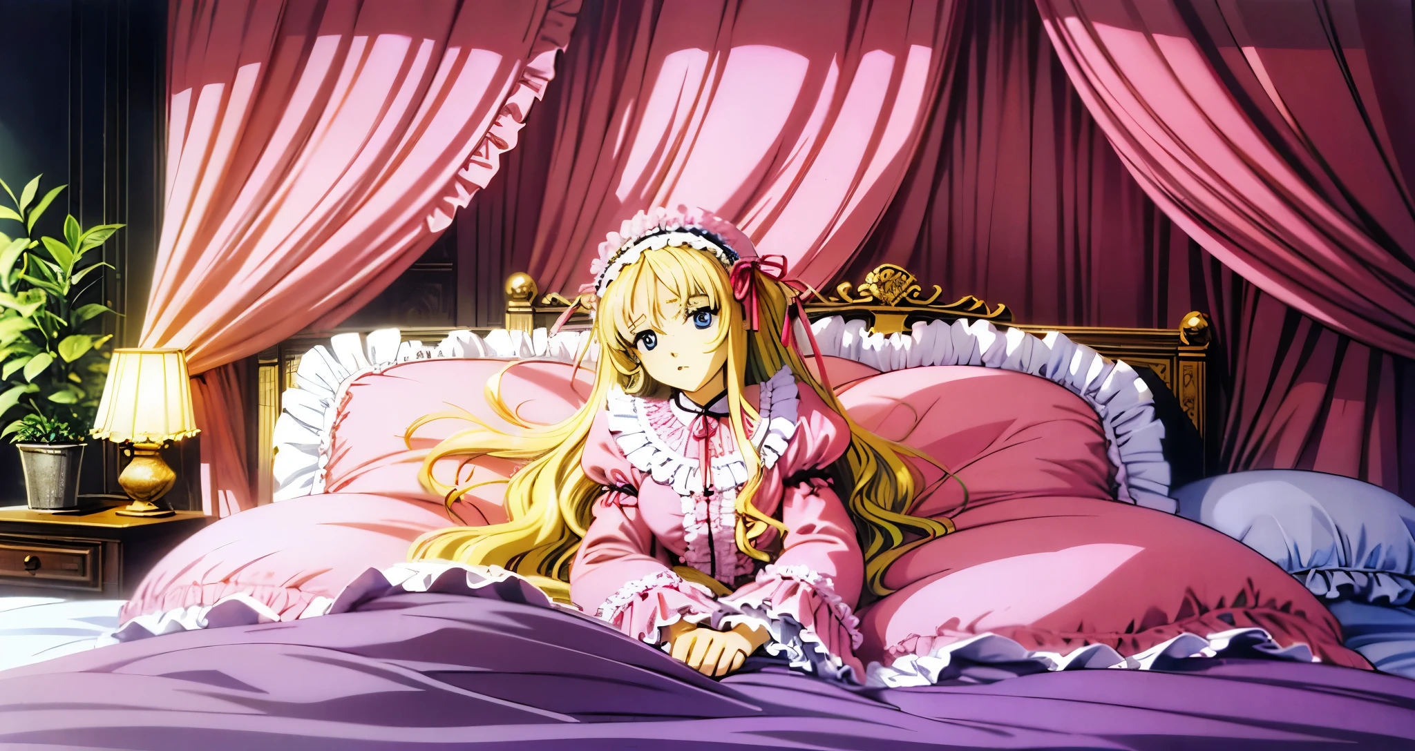 ,highest quality, masterpiece, highest resolution, artwork, super それにget used to it, many get used to it, get used to it, それにget used to it, 3K anime illustration,(( 10 year old girl)),Super detailed baby face,high quality small face,long blonde hair that grows to the waist,blue eyes,白い肌のeuropean,pajamas, european,(((super long blonde hair))),curly hair,blue eyes,((((ピンクのロリータファッションのlong skirtのワンピースドレス)))),((Pink dress with plenty of frills and ribbons)),((Luxurious headdress with frills and ribbons)),Detailed headdress,,(((big yoke collar))),Yoke collar with ruffles and ribbons,((((long sleeve)))),ruffle sleeves,((((long skirt)))),white ruffle and lace socks,large frill and ribbon pillow,(((fine pink costume))),豪華なcanopy bedの上,canopy bed,The bed is surrounded by luxurious curtains,many frilly pillows on the bed,A lot of frilly pillows behind the girl,super detailed background,detailed bed,soft pink comforter,Super detailed soft ruffle pillow,Beautiful girl illustration,super detailed beautiful face,detailed hair,detailed eye ,super detailed eyes,Super detailed eye highlights,super detailed mouth, arm details,fine hands,Detailed pillow,wide bed,Illustration on the bed, ,((((round futon)))),((((A large ruffled futon that covers the entire bed)))),detailed comforter,detailed bedシーツ,Before bedtime,romantic atmosphere,palace bedroom,((((The lower half of the body is hidden under the futon and the puffy skirt...)))) The girl is leaning on a pile of pillows, ,((((round futon)))),((((A large futon with frills that covers the entire bed)))),
