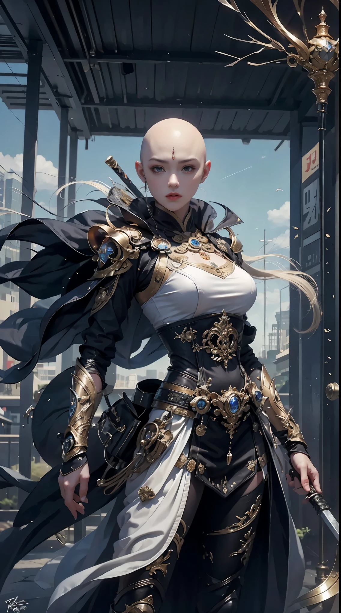 Samurai sword，sh4g0d style cyberpunk female warrior，(Bald，monk:1.3),bushido,robe