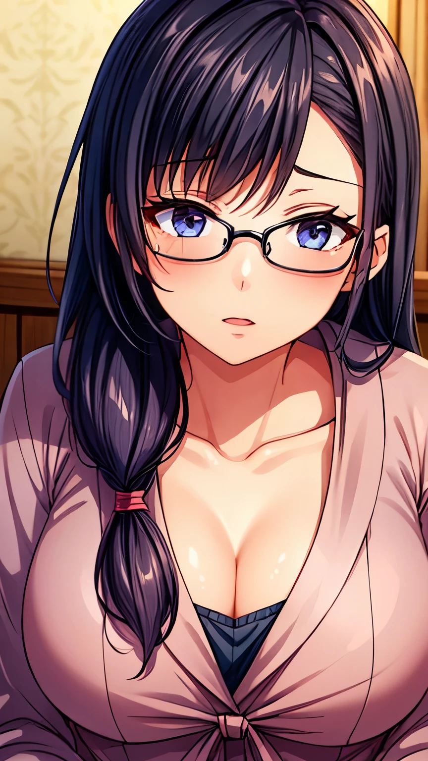 1 girl, long hair, wearing glasses, wearing a school uniform that shows her cleavage, serious face