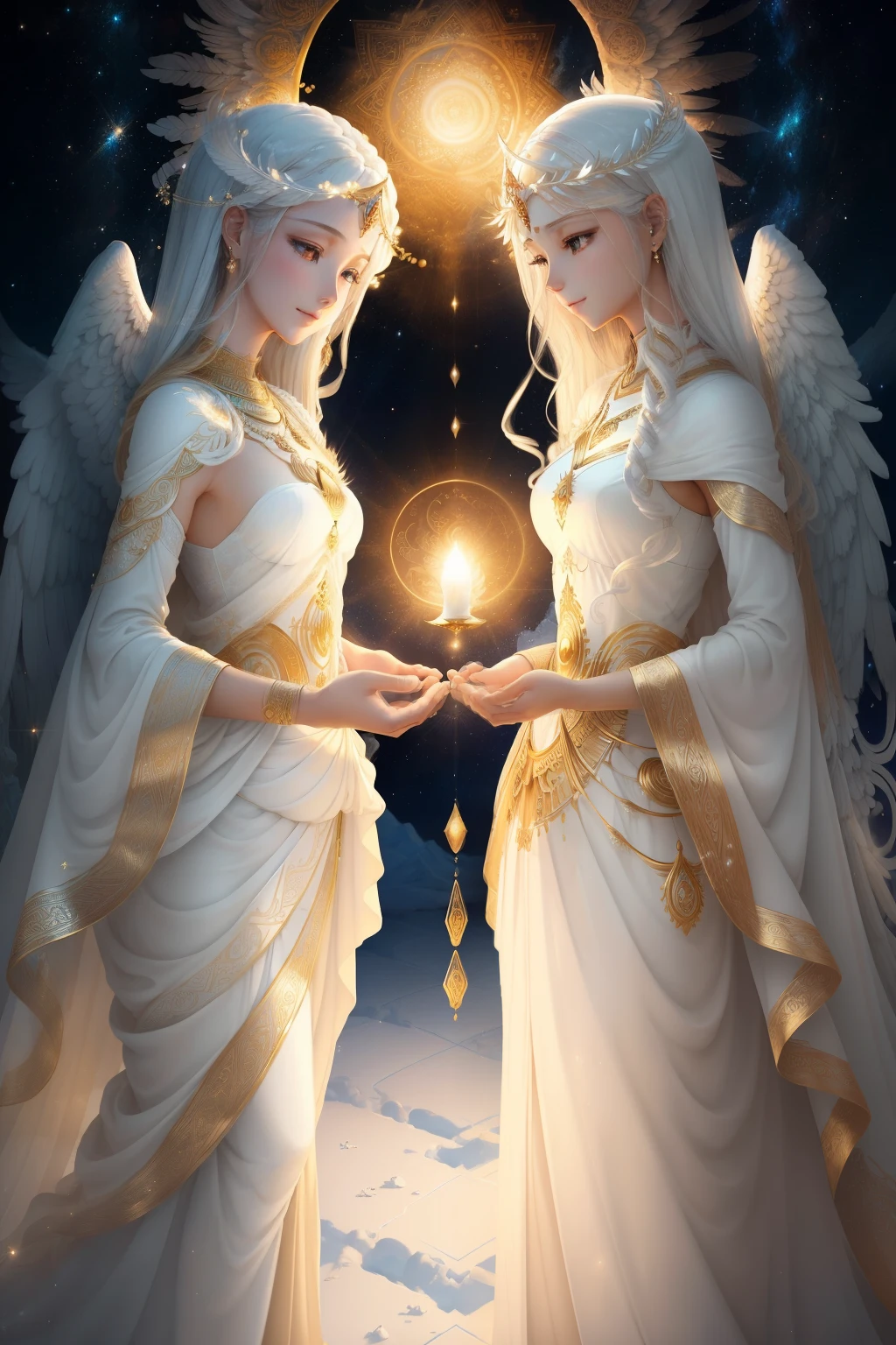 ((Masterpiece)), ((Biblically accurate angels)), 8K, Highly detailed, Ultra-detailed,
A celestial masterpiece unfolds before your eyes, radiant angels gracing the scene with their divine presence. Wings, crafted with feathers as white as snow, span out behind them, casting gentle shadows on the ground beneath. Their faces, perfectly formed with alabaster skin, express serene smiles and piercing gazes, radiating otherworldly beauty. Haloed by golden auras and ethereal halos, they emit an aura of unearthly purity. Their attire, modeled after ancient scroll illustrations, consists of billowing white