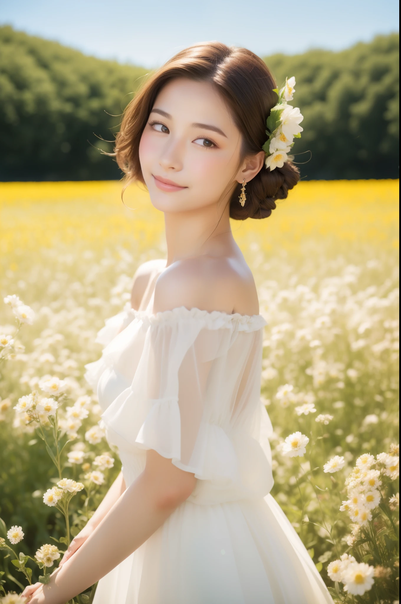 best quality, masterpiece, ultra high resolution, (lifelike:1.4), original photo, 1 girl, white dress, Off the shoulders, flower field, glowing skin, faint smile