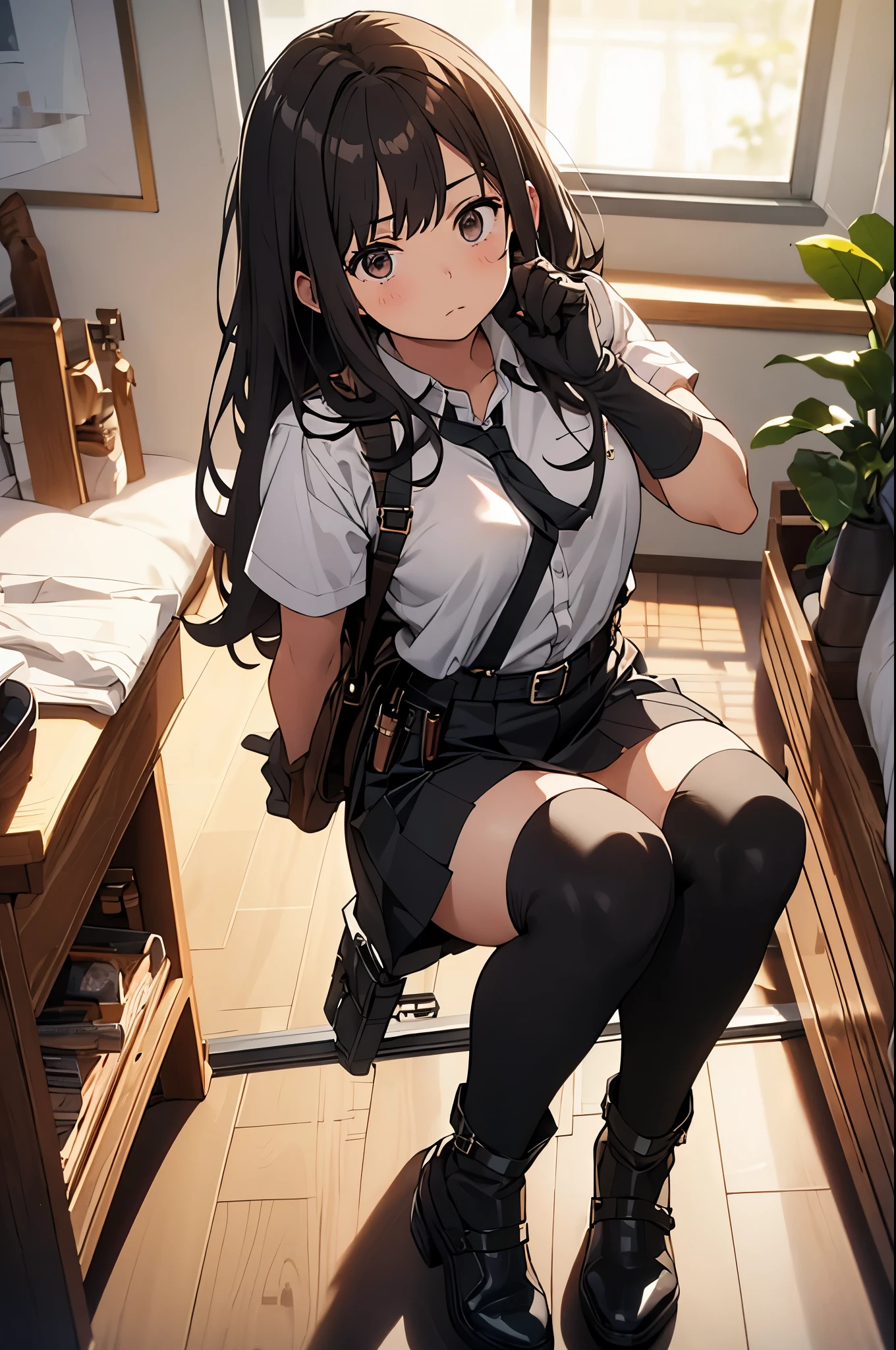 brown hair、looking at the viewer　　suspenders　　　big swollen breasts　　 　 　　　　black mini skirt　garter belt　knee high socks　　　　　　Aerial perspective　　　small face　bangs 　　　　　Beauty　　hands up　　 　sideways view 　black boots 　provocation　　　one person 　　　cutter shirt　　　hands behind　put your hands behind your back　Hands behind your back　With your hands behind your back　armed　holster　　Belt Garter Bell Black Gloves with Holes A Hotel Room　Bed　wall side　More than one person　restraint　no resistance　hazy consciousness