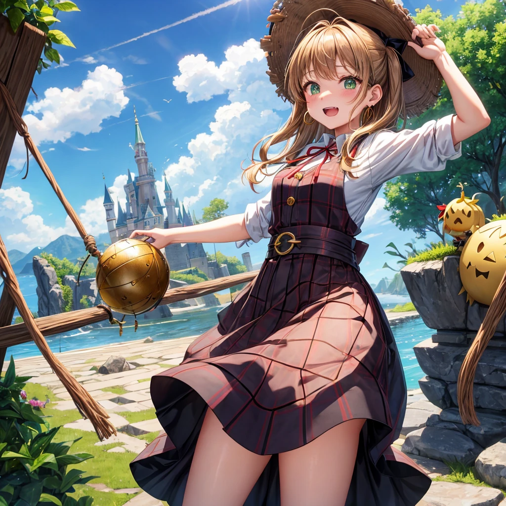 reddish-brown blonde、green eyes、one good looking girl、solo、anime、plaid mini skirt、the skirt has buttons、camisole、black t-shirt、dress、wearing a ribbon、ribbon at waist、cloak、hood、clouds are swirling、stone slabs are piled up、one hand raised、crystal earrings、sun、gold coins are falling、teeth are visible、splash of water、monster castle、have a world map、bow、Swing、ceiling、frying pan、graffiti、scarecrow、heart