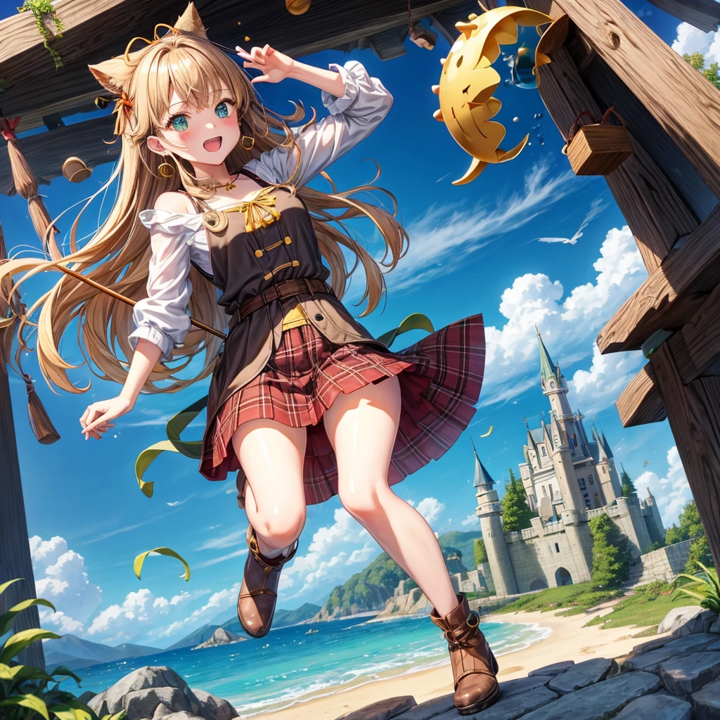 reddish-brown blonde、green eyes、one good looking girl、solo、anime、plaid mini skirt、the skirt has buttons、camisole、black t-shirt、dress、wearing a ribbon、ribbon at waist、cloak、hood、clouds are swirling、stone slabs are piled up、one hand raised、crystal earrings、sun、gold coins are falling、teeth are visible、splash of water、monster castle、have a world map、bow、Swing、ceiling、frying pan、graffiti、scarecrow、heart