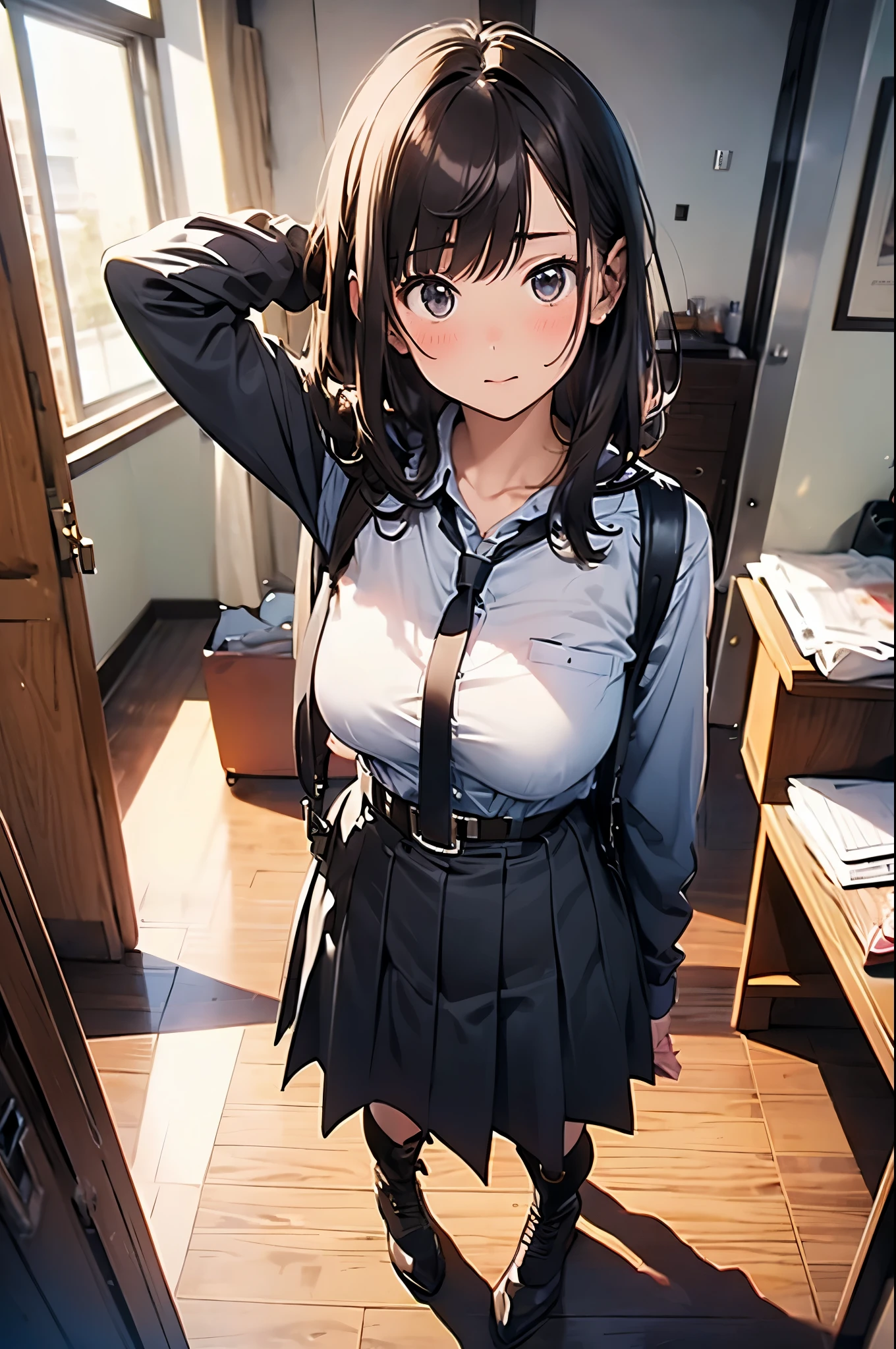 1 female, , high quality, masterpiece, Ultra-high resolution, , Cinema Lighting, , , And the suspenders with the cranes flying Moderate breasts Large Breasts Small face holster Lying in bed Looking up Sweat belt summer 脇Sweat Black Hole Gloves suit garterbelt Leg Links ズボンにbelt holster Hands behind your back Anxious expression Looking up Anxious face Knee-high Knee socks Knee-highソックス garterbelt garter ふとももにgarterbelt Checkered mini skirt Necktie Headband ribbon