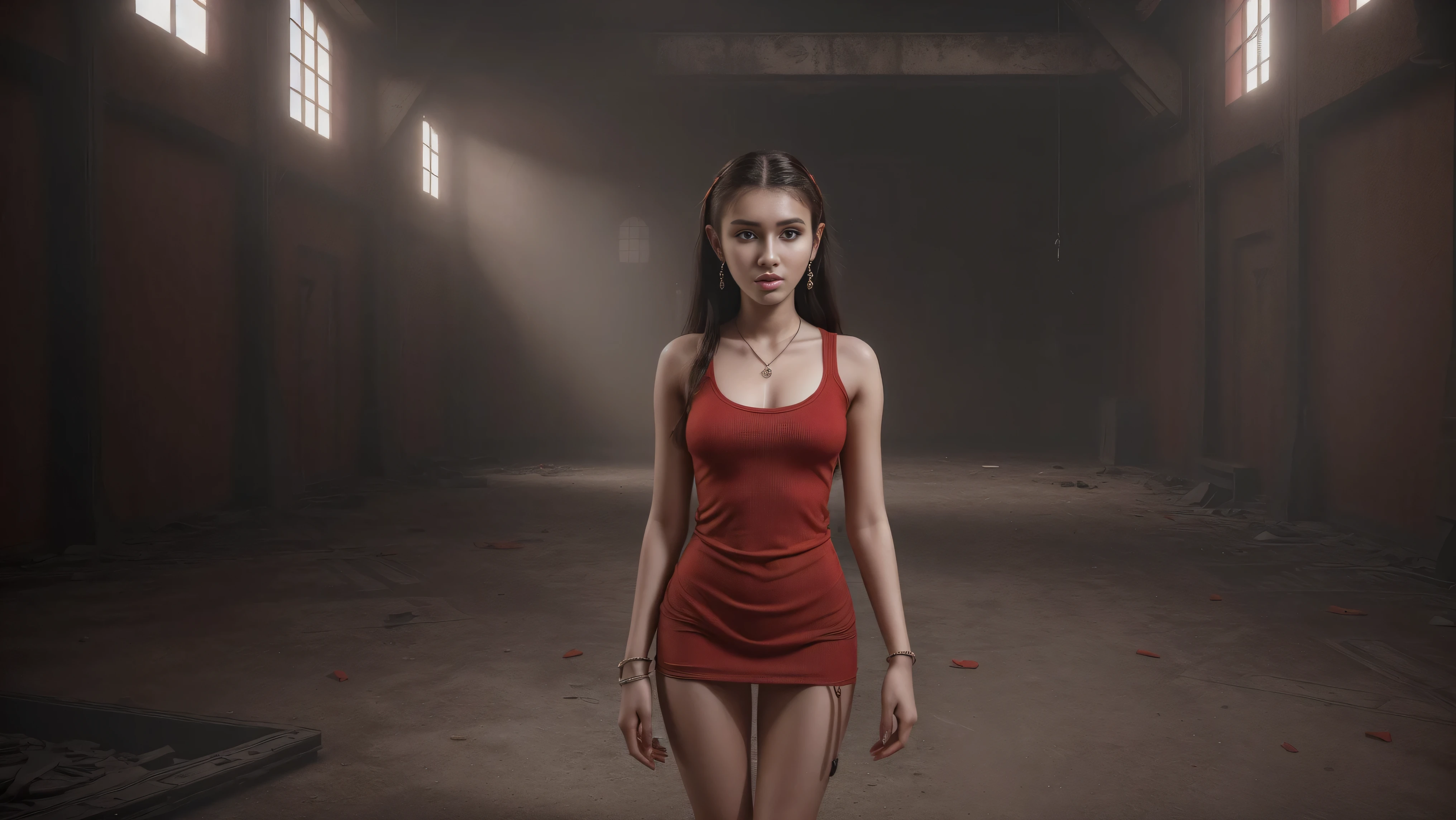 8k, masterpiece, RAW photo, best quality, photorealistic, extremely detailed CG unity 8k wallpaper, Depth of field, Cinematic Light, Lens Flare, Ray tracing, (extremely beautiful face, beautiful lips, beautiful eyes), intricate detail face, ((ultra detailed skin)), ((1girl:1.9)), (((alone:1.9))), ((17years old)), ((seductive pose)), alone in abandoned warehouse, nobody else, deep shadow, (sharp focus), [((Raiana-Elizabeth-Dilla:1.9))], pretty girl, (very slim slender fit-muscled body:1.9), ((beautiful legs:1.5)), (mad face:1.1), (angry expression), (sexy ((ultra-short ((red:1.5)) grunge-style clothes with tops and miniskirt))), ((grunge ambience,post-apocalyptic,industrial,urban,rusty metal beams,cracked concrete floor,rock music,high energy)), (blurred background:1.4), beautiful earrings, bracelets, necklace, red pendant, clear eyes, (pale skin), ((whole-body-view:1.9)), ((full-body:1.9, cinematic shot)), soft lighting, (long dark-black hairs), (looking at viewer:1.8), cleavage breasts, (large breasts:1.4), highly detailed, ultra realistic, extremely detailed and realistic ((red:1.5)) clothes.