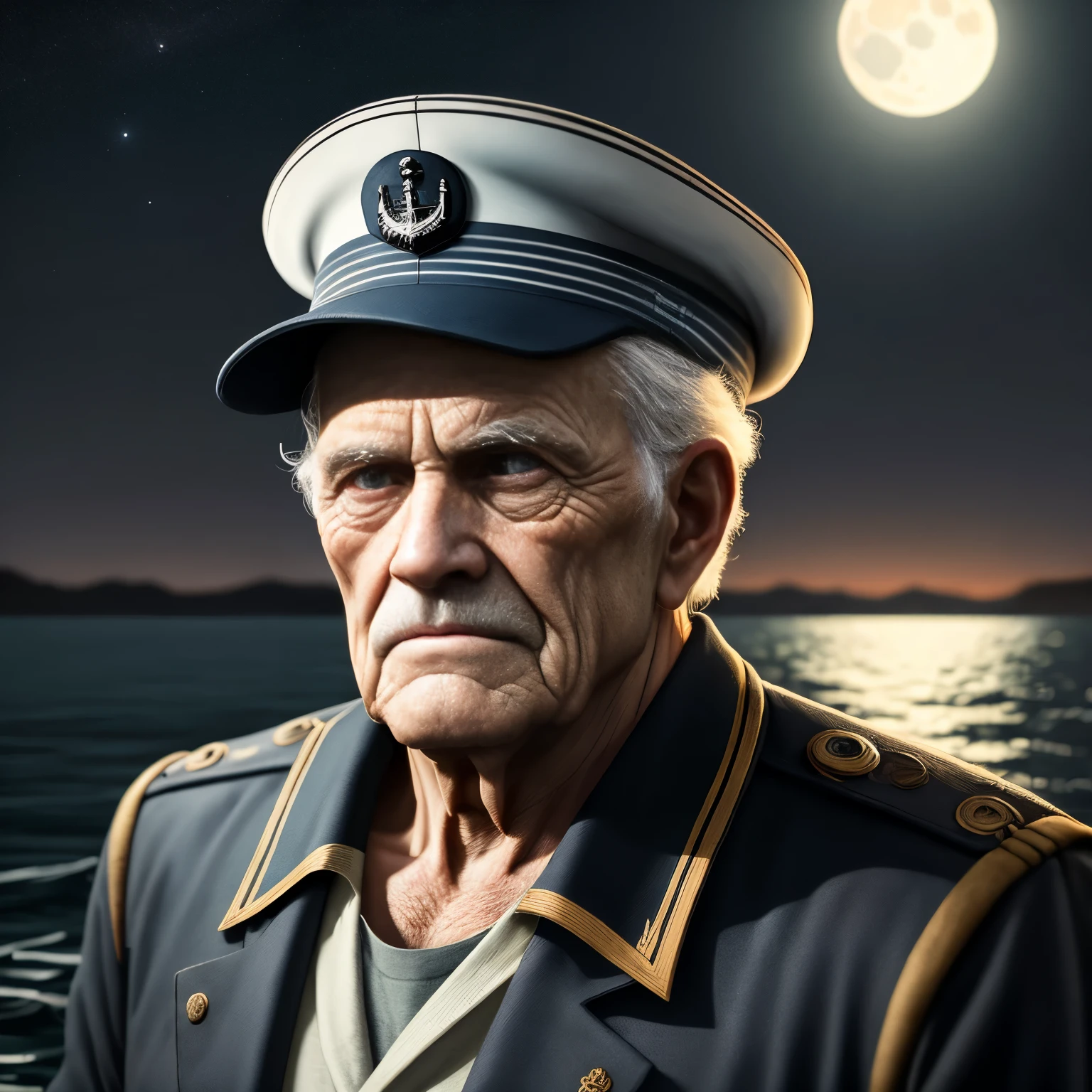 photorealistic of an old silent sailor, portrait, dynamic pose,(bokeh:0.7), sidelit, (wrinkled face in detail:0.7), telephoto, moonlit, torchlit, gritty atmosphere, oceanic night exterior, realistic, intricate details, true aged skin texture