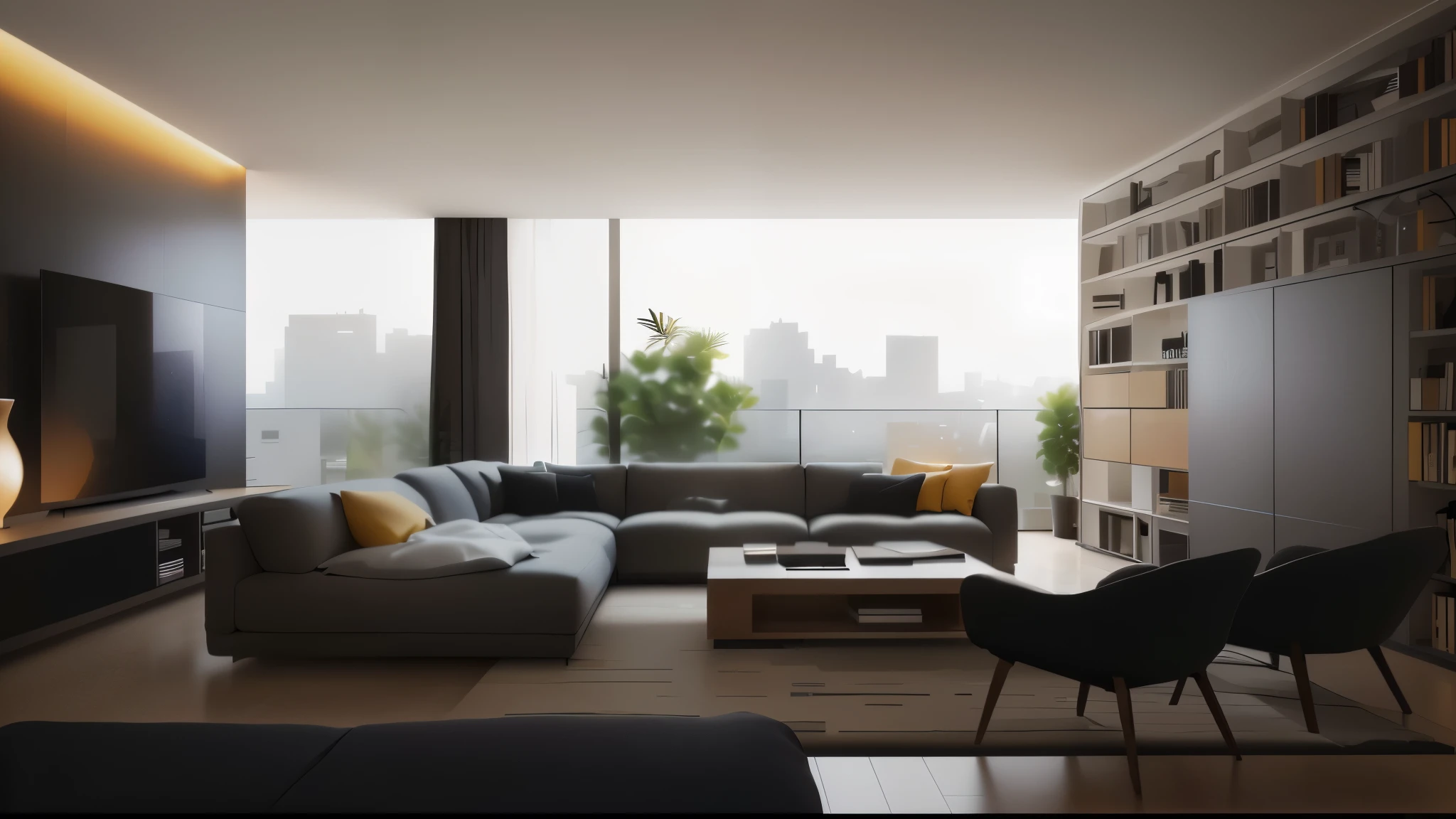 there is a large living room with a couch and a television, architectural visualization, detailed architectural visualization render, Atmospheric rendering, Inside modern apartment, 逼真的film rendering, Real afternoon lighting, film rendering, Detailed rendering, living room, Unreal Engine realistic rendering, Realistic physically rendered, Unreal Engine Rendering, Realistic CGI rendering, vray 8k 渲染