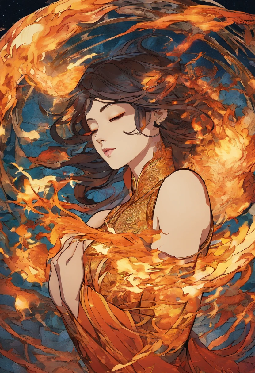 1 girl, Imperatriz, sculptural body, well-defined body lines, athletic body, large breasts, naked, naked, without clothes, dragon tattoo all over her body, manipulating large balls of fire, looks at the viewer, ((several streams of flames around him)), ((aura of flames burning from his body)), seductive, young, long shiny black hair, extremely beautiful and delicate face, burning aura around him, balls of fire, sparks of orange and yellow fire stunning surrounding, Illusory image of a firebird flying in the background, lava on the ground, magma, sexy body BREAK, (Ancient Chinese village), Chinese pagodas in the background, Chinese architecture, Chinese lanterns, deep dark sky, starry dark sky , shooting stars, detailed, realistic, highly detailed digital art, Bioluminescence, concept art, Realism, by Mappa studios, official art, illustration, Clear line, (cool_Color), a perfect composition, Absurd, fantasy, focused, Rule of Thirds, diffuse lighting, intricate, elegant, highly detailed, realistic, photorealistic, art station, Soft and sharp focus, circumstantial, Award-winning photo, BLN-L24, Exposure, high contrast, 8k 3D model, cinematic lighting.