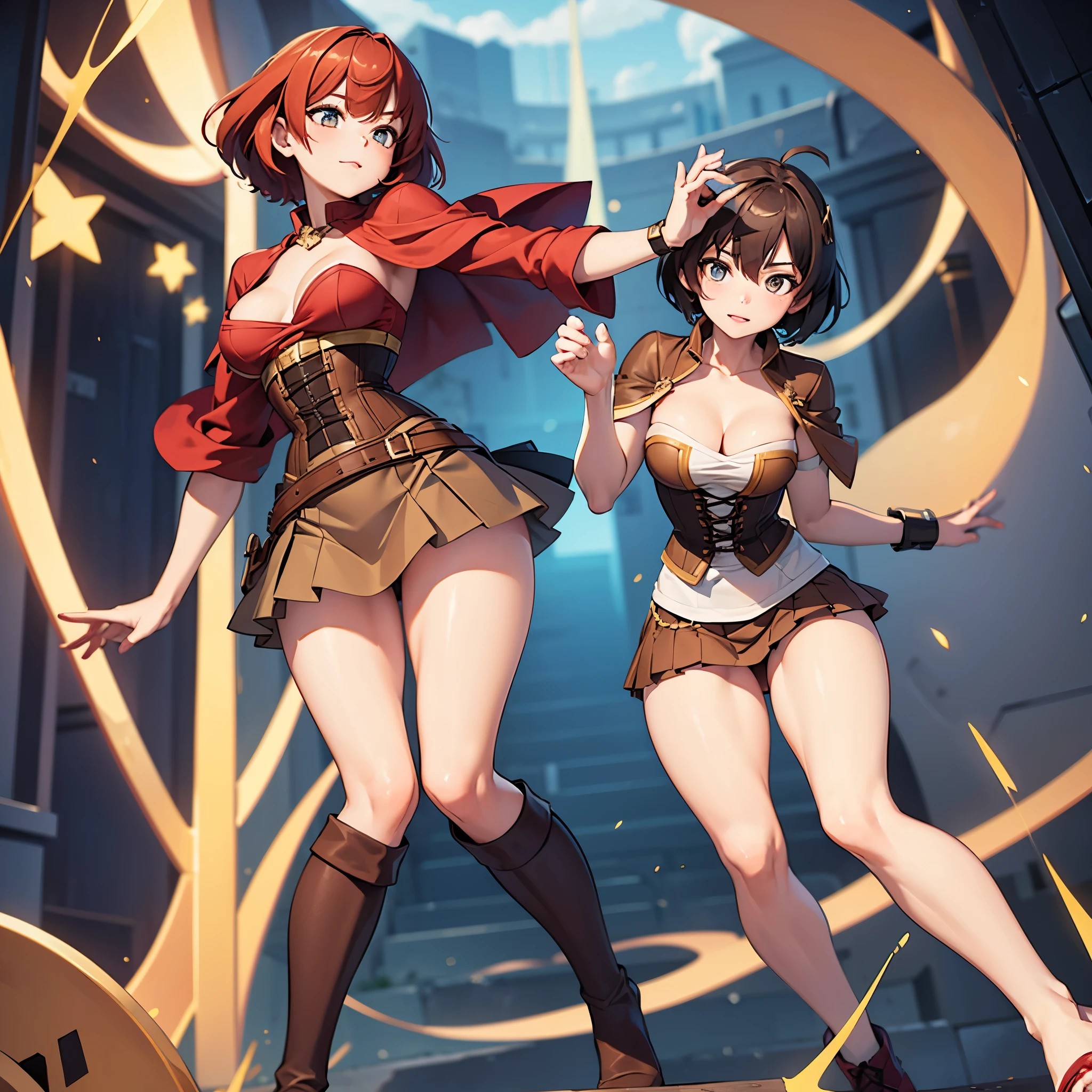 (solo 1 skinny :1.2), the middle ages, (red short hair:1.3), (short dress:1.2), (plunging neckline), wiry corset (emphasize cleavage), (very short torso:1.3), (inconceivably thin narrow waist), short (brown capelet), BREAK, (flapping very short brown skirt:1.3), emphasize thigh gap, (thin long legs), BREAK, (12th Century Europe)