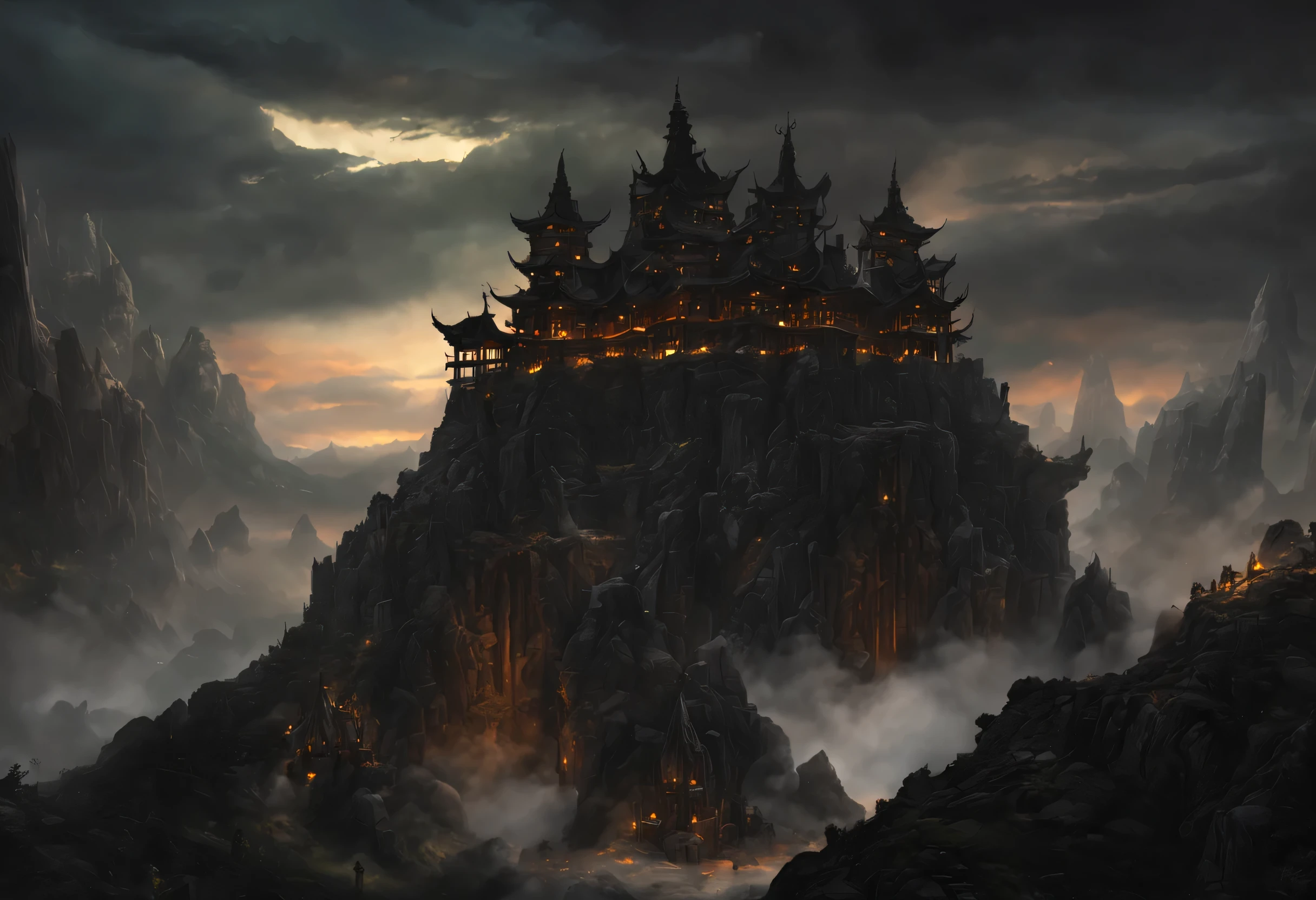 Temple of Lady Akari: Shadowflame Sanctum
Nestled within the unforgiving crags of the northern mountains, the Shadowflame Sanctum stands as a grim testament to the power and influence of Lady Akari. Built from blackened stone and veiled in perpetual shadow, the temple exudes an aura of malevolence and foreboding, its spires reaching towards the heavens like jagged claws grasping at the sky.
