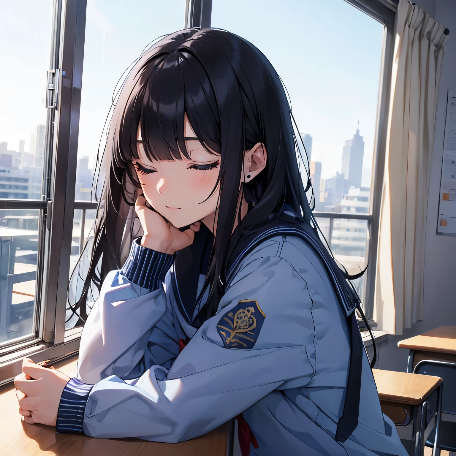 best quality)), ((masterpiece)), (detailed), perfect face, classroom, sitting by window, wired earbuds, pov pperspective from the side, side profile, hand facing camera tapping on table, winter sailor-styled school uniform, noon, dim lighting, subdued colours, both eyes closed, window sided hand supporting face, fair-skinned teenage girl, long black hair, blunt bangs, eyes piercing blue, tareme eyes, don’t face camera