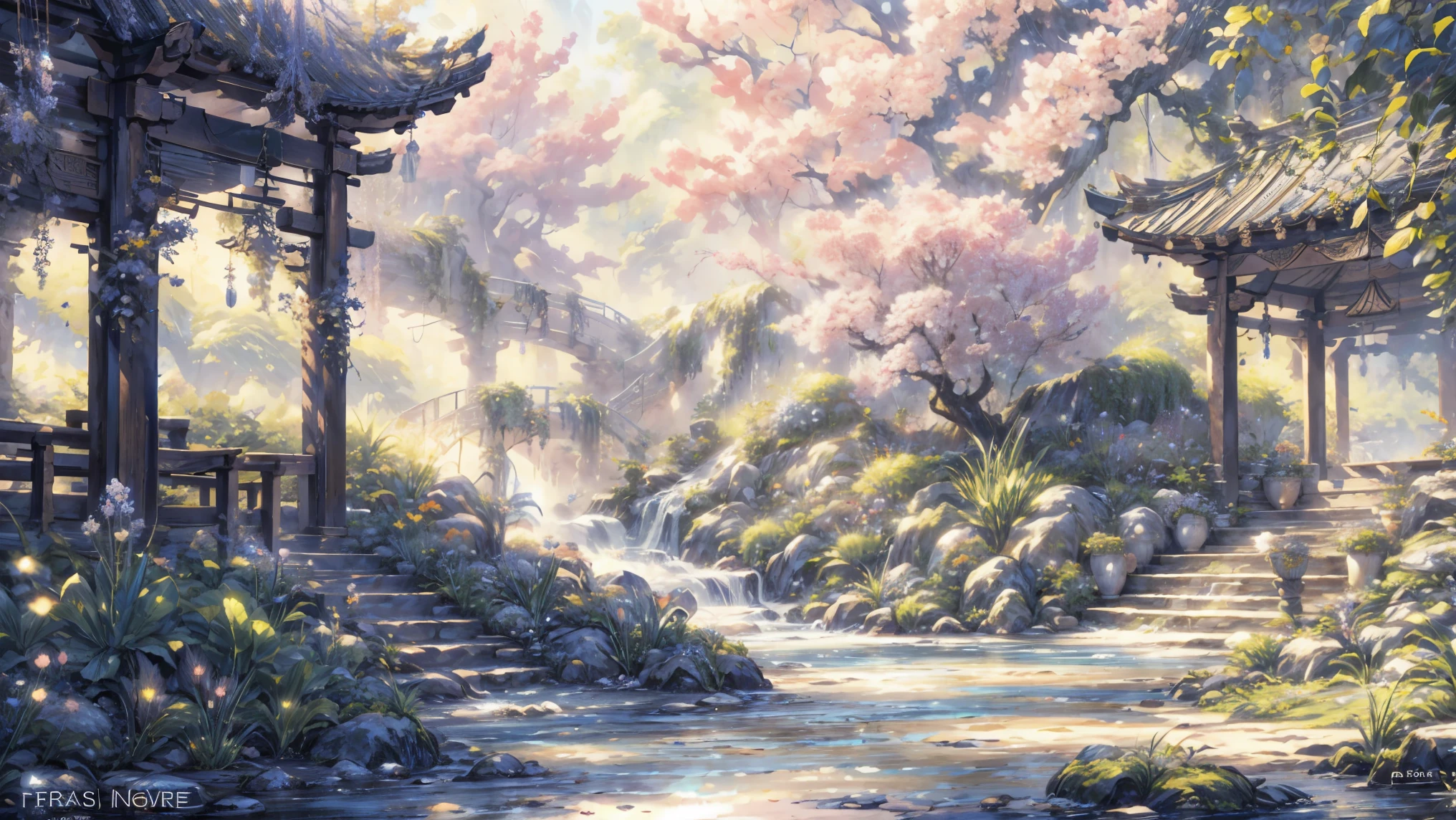 Garden painting with waterfalls and bridges, floral environment, Anime landscape concept art, Anime background art, Magical environment, arte de fundo, landscape artwork, fantasy magical vegetation, fantasy painterly style, whimsical fantasy landscape art, in bloom greenhouse, Beautiful environment, dreamy and detailed, very detailed digital painting, art nouveau jungle environment, the grand temple of flowers,Chinese style elements,an osmanthus tree,