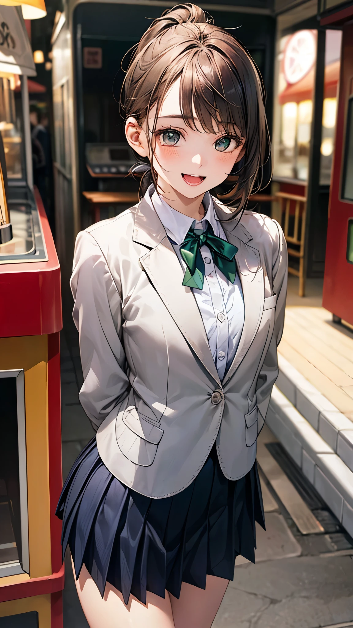 (masterpiece:1.2, top-quality), (realistic, photorealistic:1.4), beautiful illustration, (natural side lighting, movie lighting),
looking at viewer, 1 girl, japanese, high dchool girl, , perfect face, perfect body, cute and symmetrical face, shiny skin, babyface, tiny,
(short hair:1.5, low ponytail:1.6, long sideburns, light brown hair), asymmetrical bangs, dark green eyes, drooping eyes, (middle breasts, seductive thighs, big ass),
beautiful hair, beautiful face, beautiful detailed eyes, beautiful clavicle, beautiful body, beautiful chest, beautiful thigh, beautiful legs, beautiful fingers,
(((white school blazer, closed blazer), gray collared shirt, navy blue box pleated skirt), violet neck ribbon, emerald green hair ribbon),
(beautiful scenery), evening, (outside amusement arcade), standing, leaning forward, (arms behind back), (lovely smile, upper eyes, open mouth small),