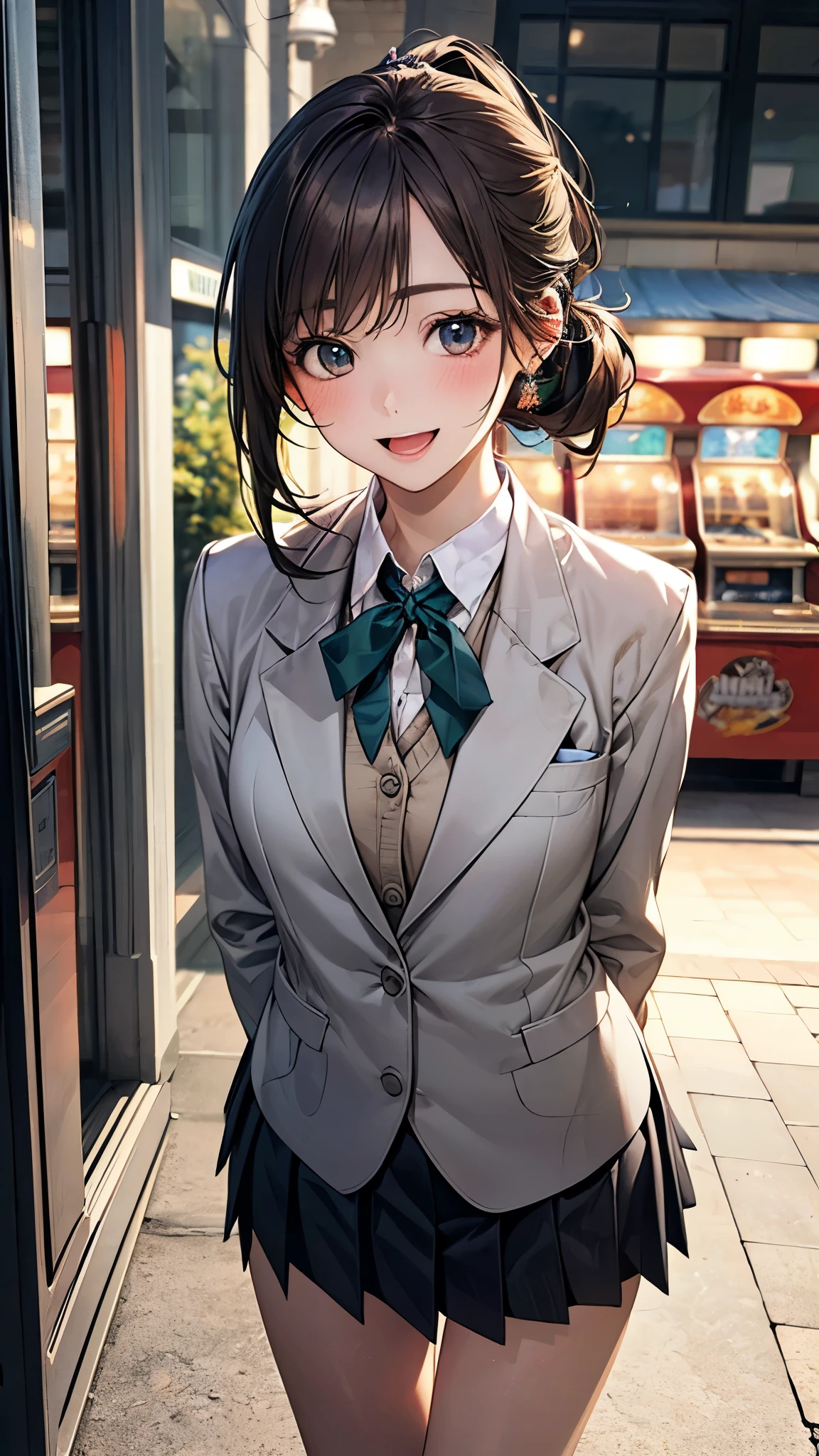 (masterpiece:1.2, top-quality), (realistic, photorealistic:1.4), beautiful illustration, (natural side lighting, movie lighting),
looking at viewer, 1 girl, japanese, high dchool girl, 14 years old, perfect face, perfect body, cute and symmetrical face, shiny skin, babyface, tiny,
(short hair:1.5, low ponytail:1.6, long sideburns, light brown hair), asymmetrical bangs, dark green eyes, drooping eyes, (middle breasts, seductive thighs, big ass),
beautiful hair, beautiful face, beautiful detailed eyes, beautiful clavicle, beautiful body, beautiful chest, beautiful thigh, beautiful legs, beautiful fingers,
(((white school blazer, closed blazer), gray collared shirt, navy blue box pleated skirt), violet neck ribbon, emerald green hair ribbon),
(beautiful scenery), evening, (outside amusement arcade), standing, leaning forward, (arms behind back), (lovely smile, upper eyes, open mouth small),