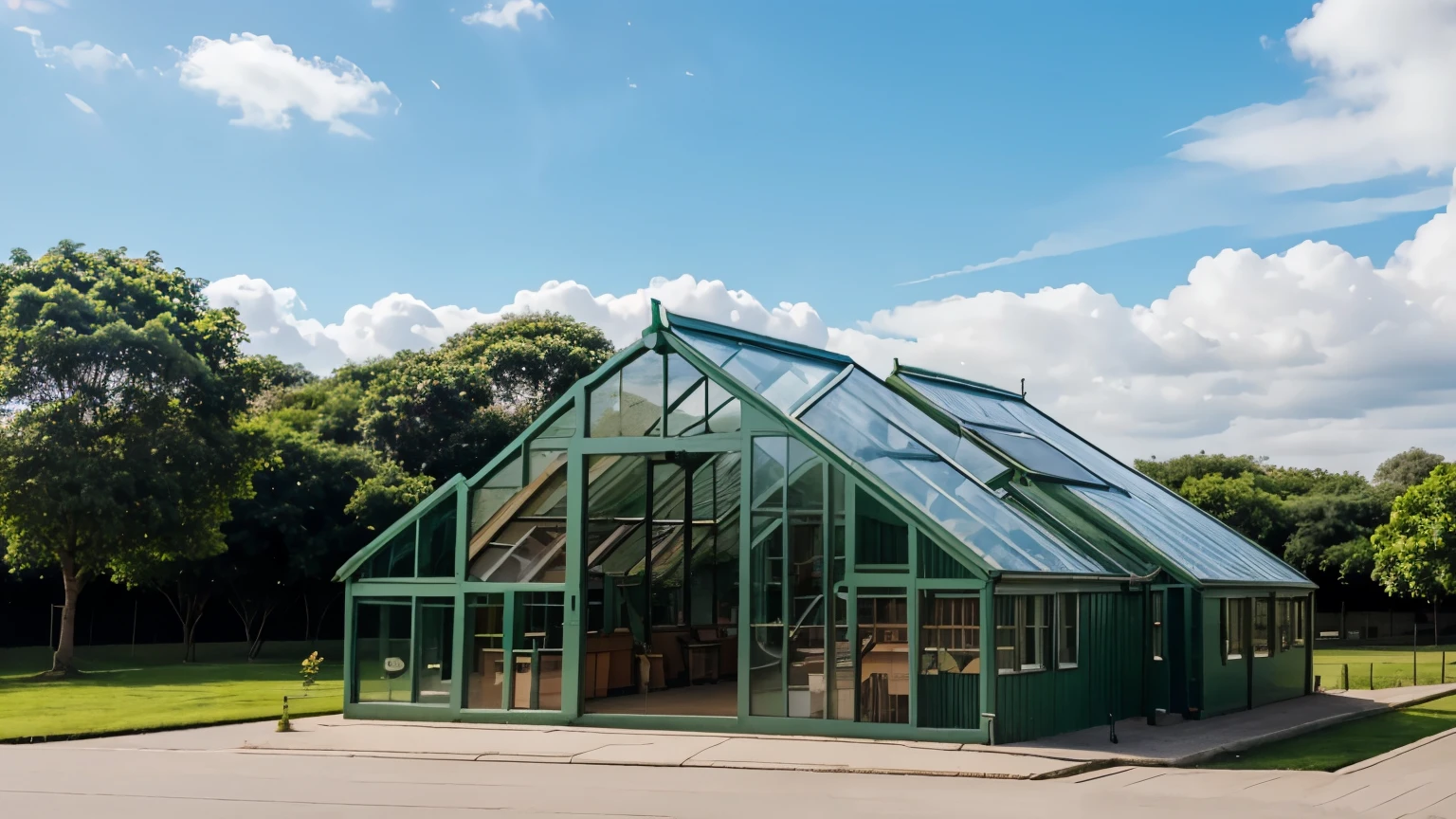 green house full with glassess with clear blue sky on the background