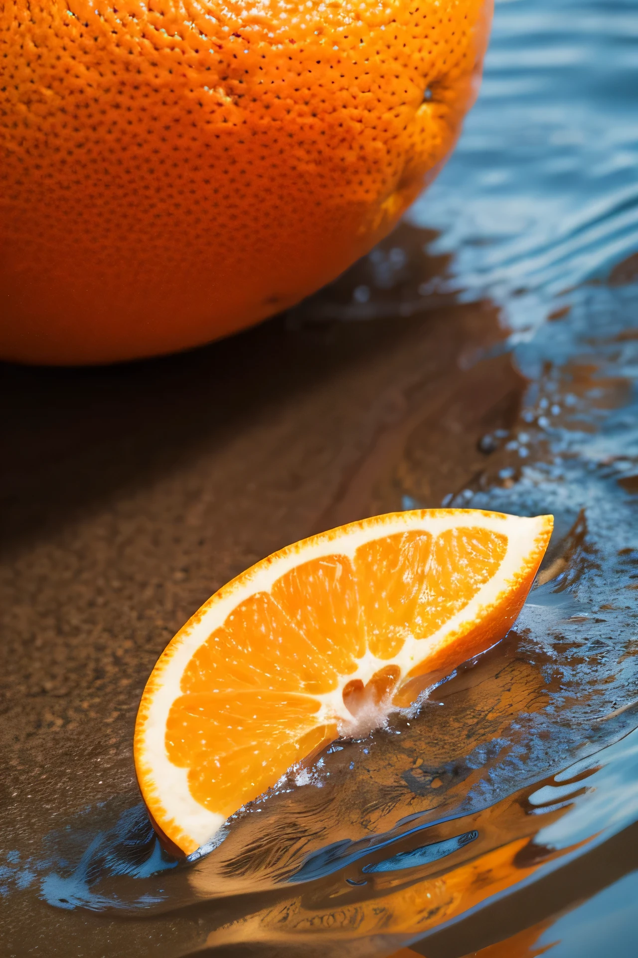 A few slices of orange just fell into the water，Detail zoom in，A little splash，Close-up of an orange，wallpaper