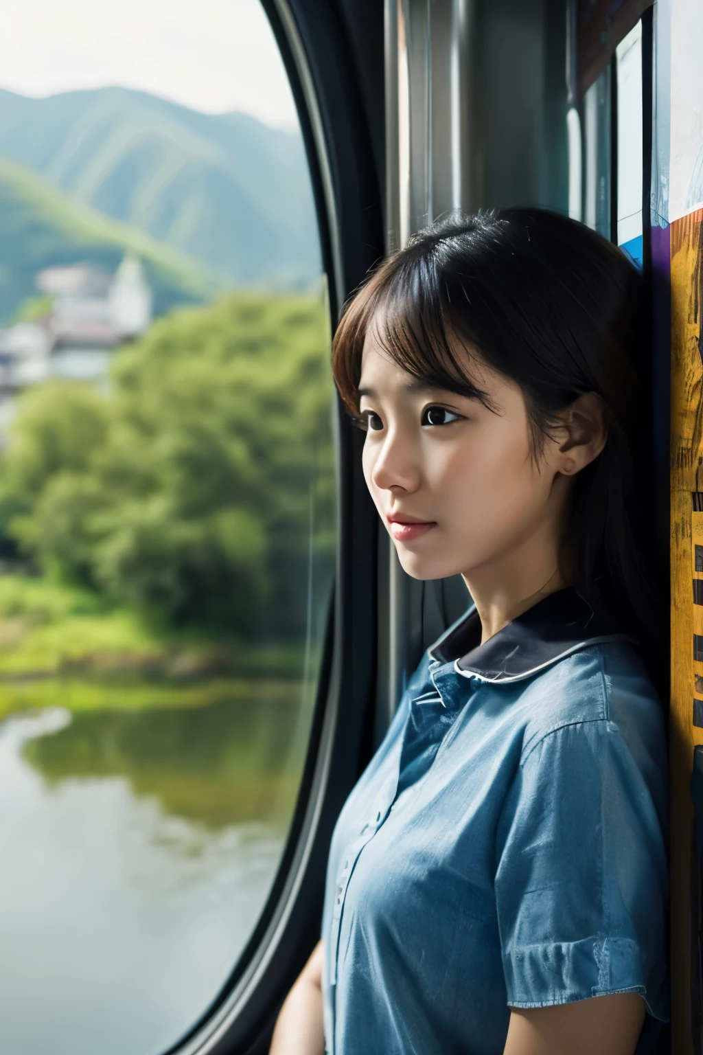 ((masterpiece)),((Super high quality)).((8k)),anime style<A 20-year-old woman on the train、Looking out the window with a slightly sad expression。From the window、traditional houses、Paddy field、distant mountain々Such、You can see the Japanese countryside。この画像はanime styleのスタイルで、Captures the delicate emotions of women and the calm and beautiful scenery outside.。