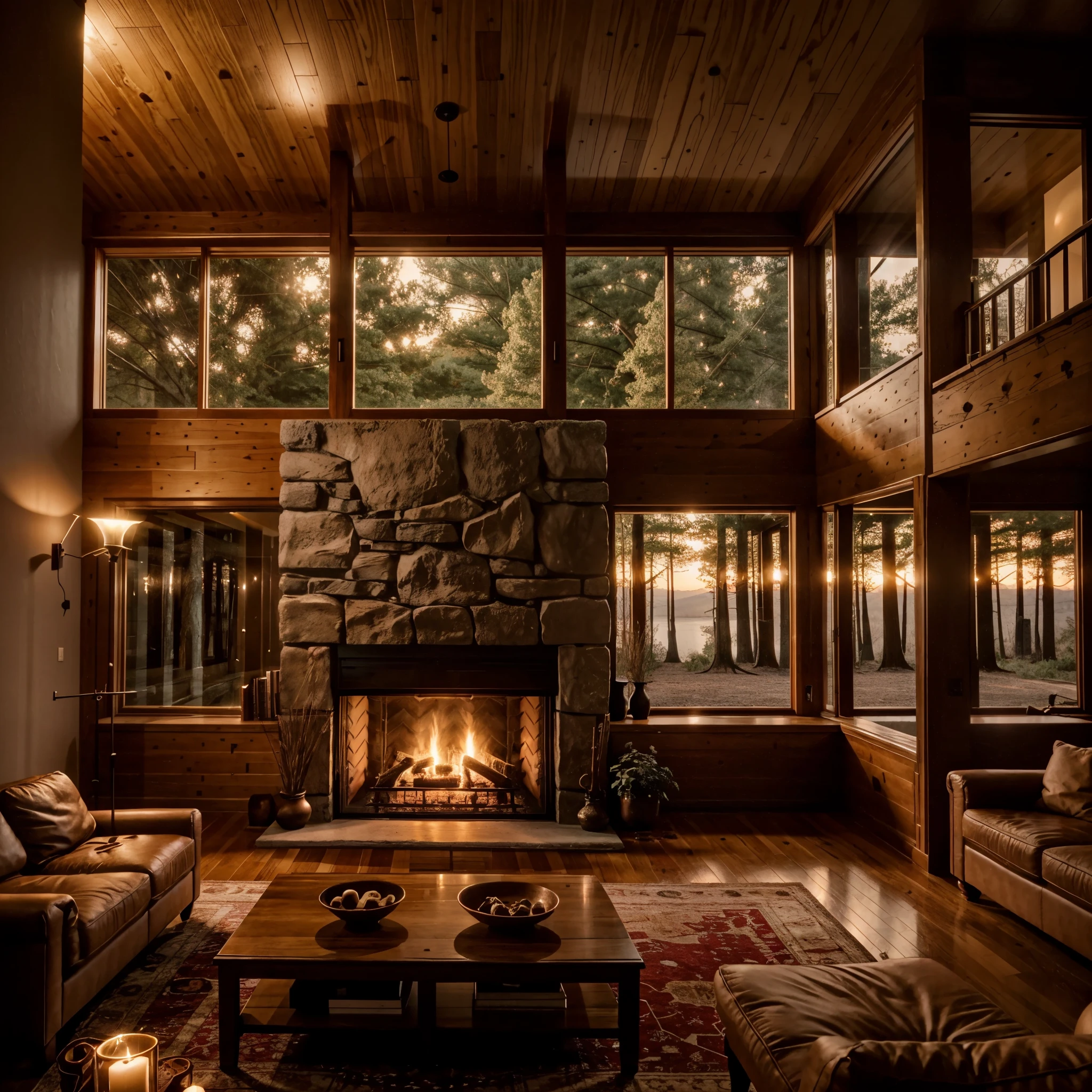 Describe a room in a pleasant house, prepared for a romantic dinner by the warm glow of candles and the fireplace, with a large television and expansive windows offering a view of the serene outdoors. The interior of the house is meticulously crafted from carefully selected and blended wood, striking a balance between modernism and sophistication. The room is not cluttered with excessive furniture, creating an intimate atmosphere by the fireplace. The scene is set for a cozy evening, with the ambiance perfect for a romantic occasion, capturing the imagination and stirring the soul, 4k