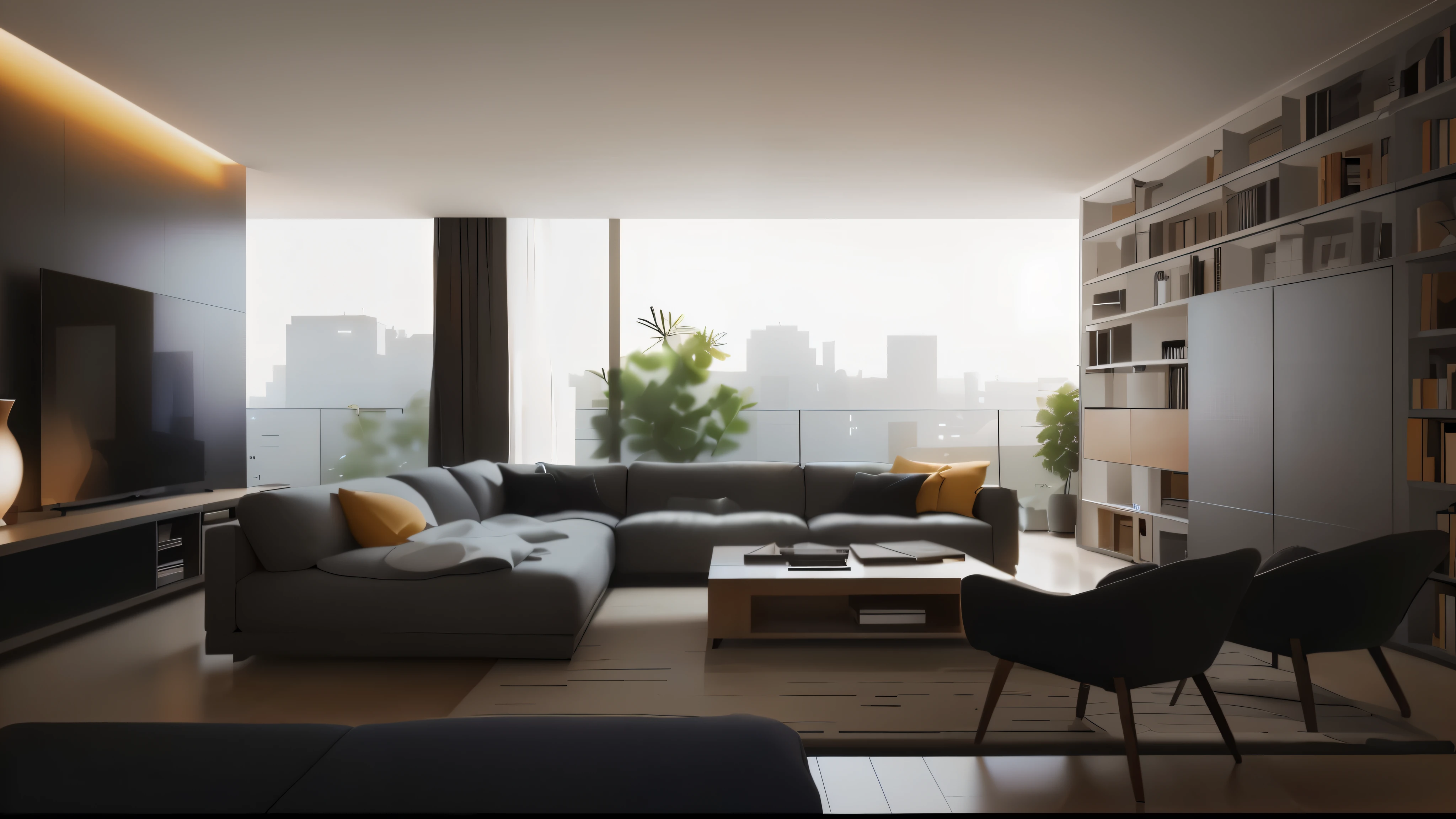 there is a large living room with a couch and a television, architectural visualization, detailed architectural visualization render, Atmospheric rendering, Inside modern apartment, 逼真的film rendering, true afternoon light, film rendering, Detailed rendering, living room, Unreal Engine photorealistic rendering, Realistic physically rendered, Unreal Engine rendering, Realistic CGI rendering, vray 8k 渲染