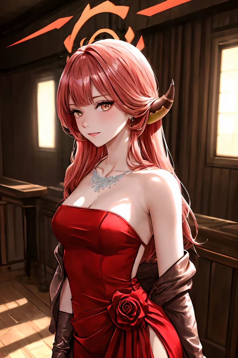 (masterpiece, highest quality:1.2), cowboy shot, alone, (Upper body), 1 girl, looking at the viewer, got it_\(green_archive\), armpit, gloves, chest, lupong_hair, Hello, white_gloves, red_dress, horn, necklace, pink_hair, jewelry, 前hair, ~ side_slit, strapless_dress, Brown_eye, Jacket_upon_shoulder, indoor, party venue, Glossy skin, embarrassing