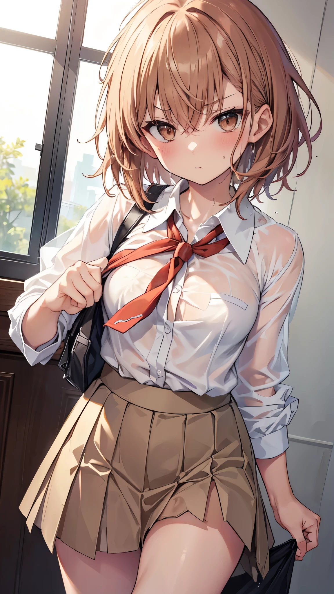master piece, best quality person, superior_Mikoto, with brown eyes, short_hair,Top Quality Misaka Mikoto School High School Uniform Sweat Sheer White Shirt Beige Bra Tiny Sexy Skirt Flipping Angry Sweat Wet Messy Clothes Ripped Clothes