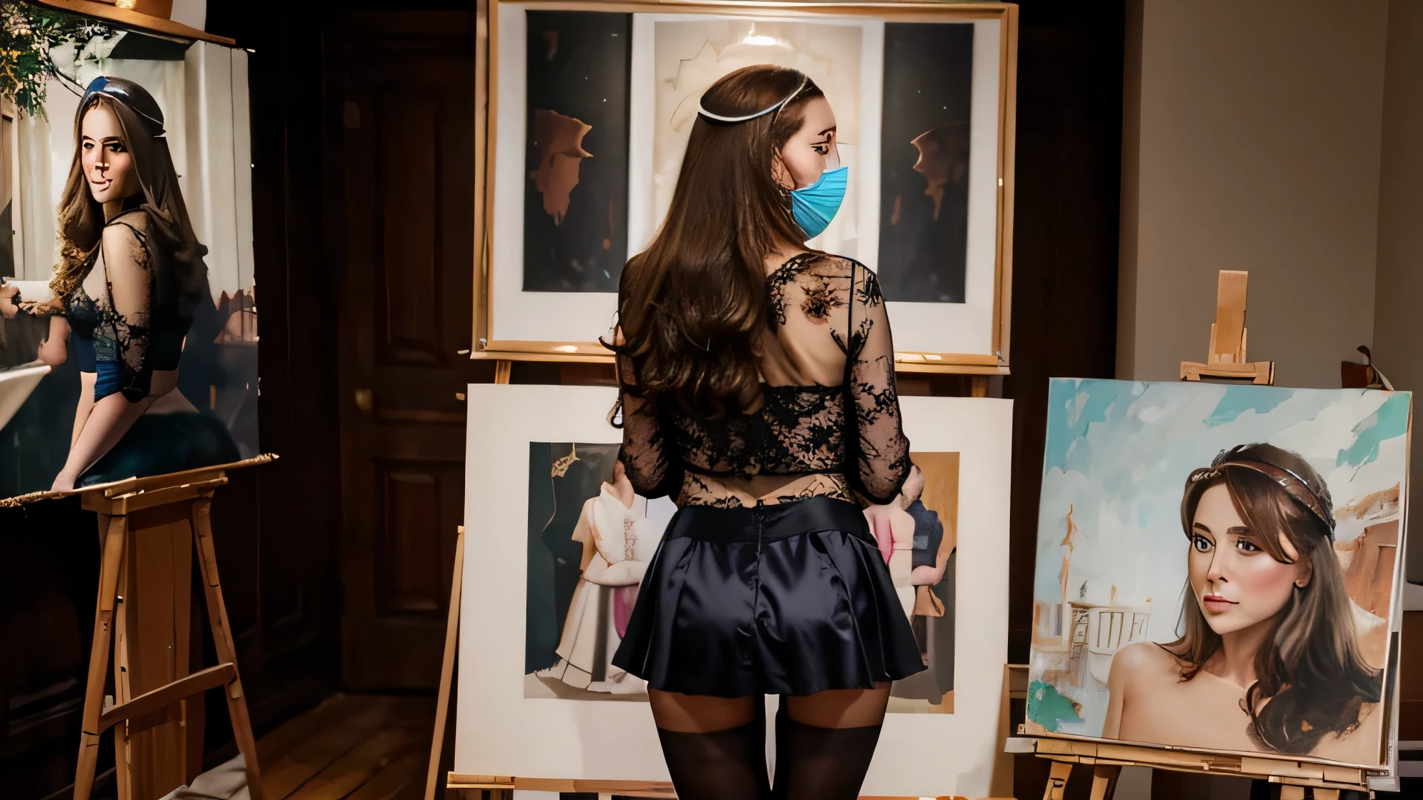 kate middleton, size 46G, satin mini skirt, slip-lovers, do not show her face, masked face, back site, silky sheer Tights, ball, lace, painting portrait model, painters studio,