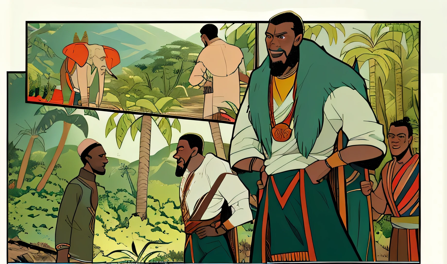 a comic of two African men meets in the jungle, two men riding on an elephant