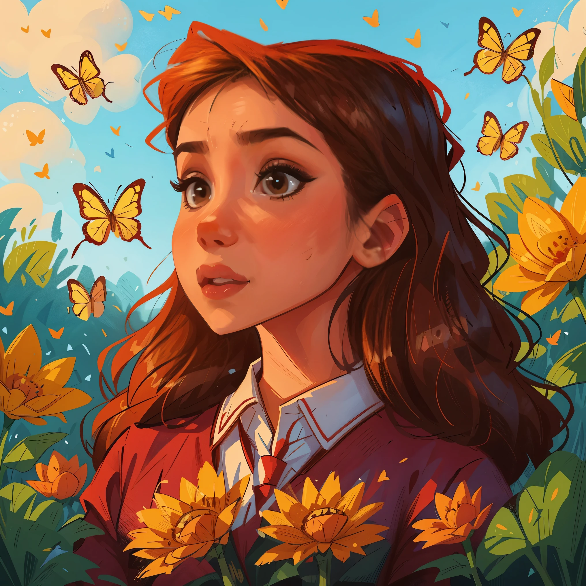 A very charming age barbie enjoying a beautiful summer surrounded by beautiful flowers surrounded by butterflies and nature. The illustration is a high-definition illustration in 4K resolution with highly detailed facial features and Disney-style visuals.