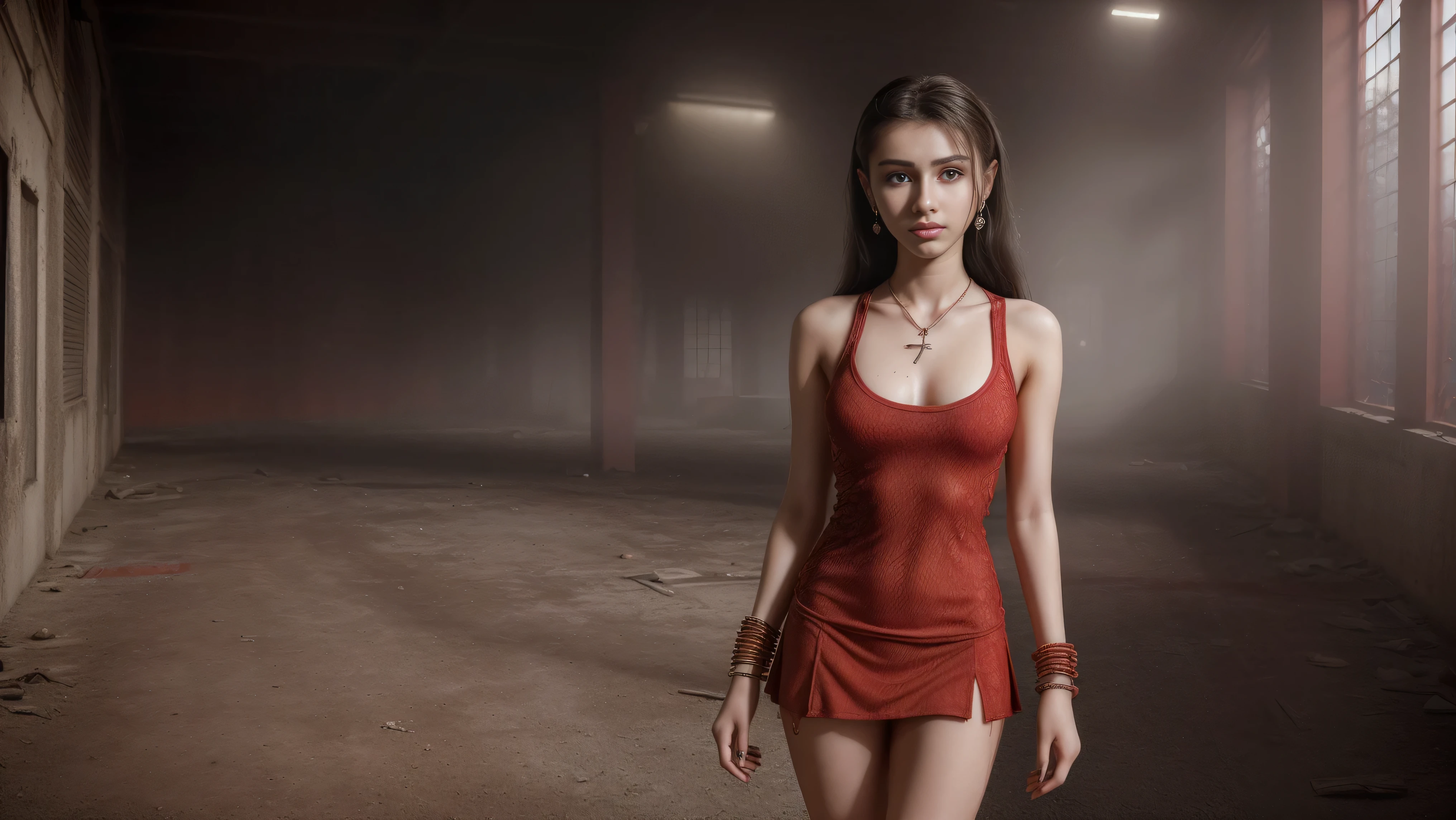 8k, masterpiece, RAW photo, best quality, photorealistic, extremely detailed CG unity 8k wallpaper, Depth of field, Cinematic Light, Lens Flare, Ray tracing, (extremely beautiful face, beautiful lips, beautiful eyes), intricate detail face, ((ultra detailed skin)), ((1girl:1.9)), (((alone:1.9))), ((17years old:1.9)), ((seductive pose)), alone in abandoned warehouse, (nobody else:2), deep shadow, (beautiful and aesthetic:1.2), (sharp focus), [(((Raiana-Elizabeth-Dilla:1.9)))], ((extremely pretty girl)), (very slim slender fit-muscled body:1.9), ((beautiful legs:1.5)), (((ultra-short ((red:1.5)) miniskirt and tank-tops with punk-grunge-style))), ((grunge ambience,post-apocalyptic,industrial,urban,rusty metal beams,cracked concrete floor,rock music,high energy)), beautiful earrings, bracelets, necklace, red pendant, clear eyes, (pale skin), ((whole-body-view:1.9)), ((full-body:1.9, cinematic shot)), soft lighting, (long dark-black hairs), (looking at viewer:1.8), cleavage breasts, (large breasts:1.4), highly detailed, ultra realistic, extremely detailed and realistic ((red:1.5)) clothes.