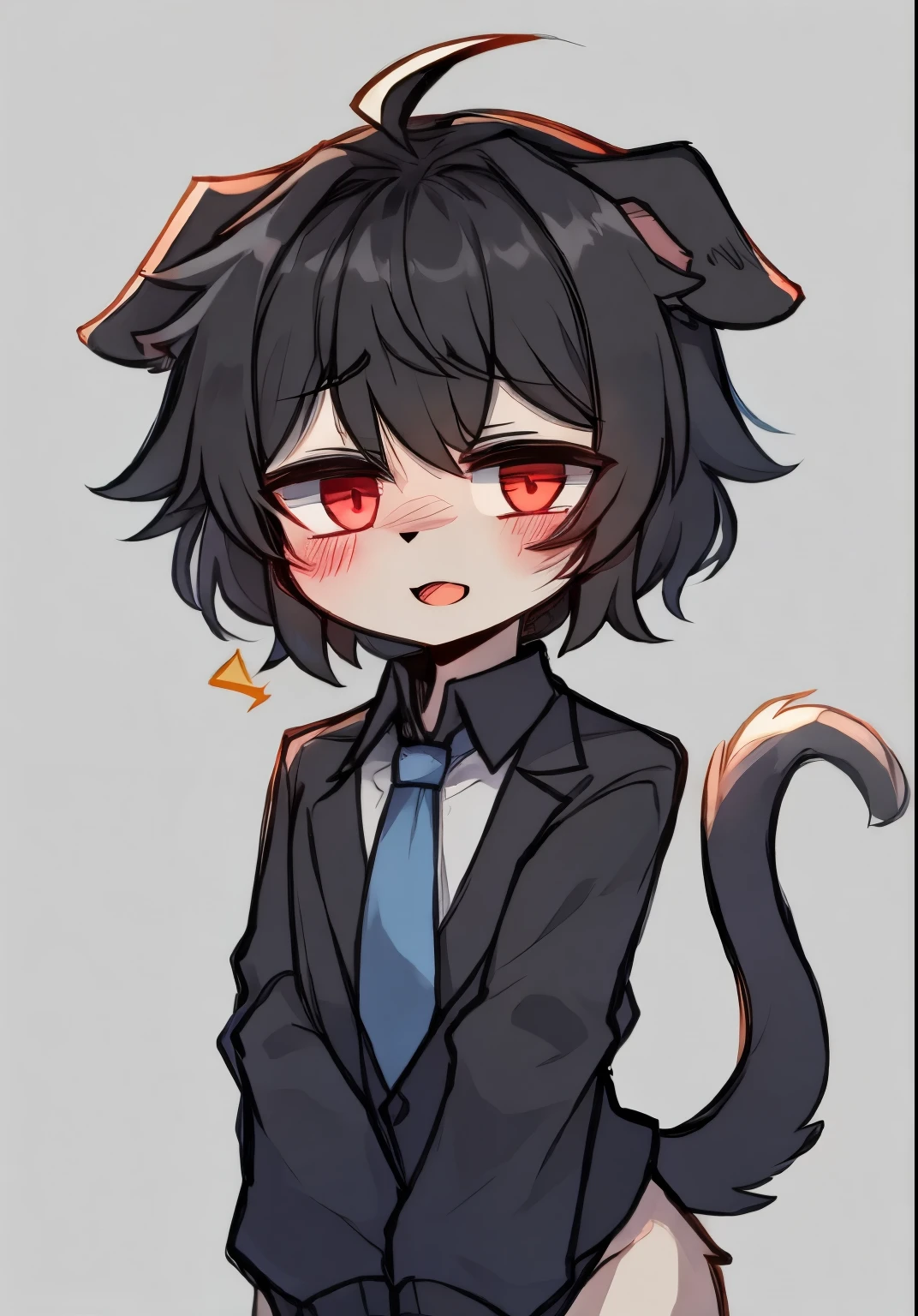 (Empty), ((masterpiece)) , ((best quality)), illustration, hairy,
puppy, animal ears, Tail, 1 boy, leave, whole body, 1 girl, alone, short hair, Black hair, *//*,The left and right eyes are different colors, The left eye is blue.,The right eye is a red eye, *//*, black shirt, looking at the audience,cute,Shota,Black hair,weak,Happy expression,Black hair发身体,Black hair发耳朵,Black hair发面部,Tail由根到尖渐变由黑到白,blush,blue tie,ears down,nude