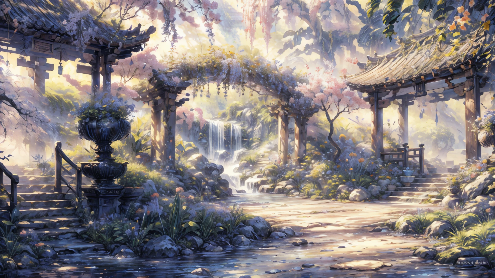 Garden painting with waterfalls and bridges, floral environment, Anime landscape concept art, Anime background art, Magical environment, arte de fundo, landscape artwork, fantasy magical vegetation, fantasy painterly style, whimsical fantasy landscape art, in bloom greenhouse, Beautiful environment, dreamy and detailed, very detailed digital painting, art nouveau jungle environment, the grand temple of flowers,Chinese style elements,an osmanthus tree,