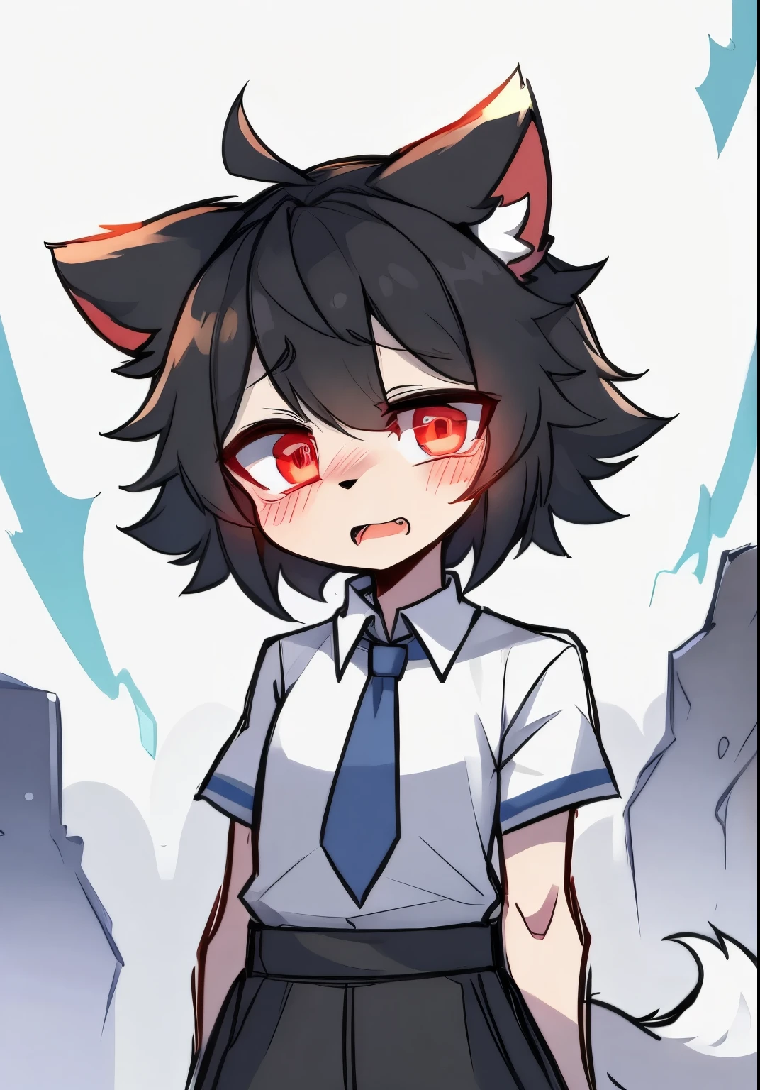 (Empty), ((masterpiece)) , ((best quality)), illustration, hairy,
puppy, animal ears, Tail, 1 boy, leave, Upper body, 1 girl, alone, short hair, Black hair, *//*,heterochromatic eyes, Blue eye in the left eye,right eye red eye,right eye red eye, *//*, black shirt, looking at the audience,cute,Shota,Black hair,weak,Happy expression,Black hair发身体,Black hair发耳朵,Black hair发面部,Tail由根到尖渐变由黑到白,blush,blue tie,ears down,