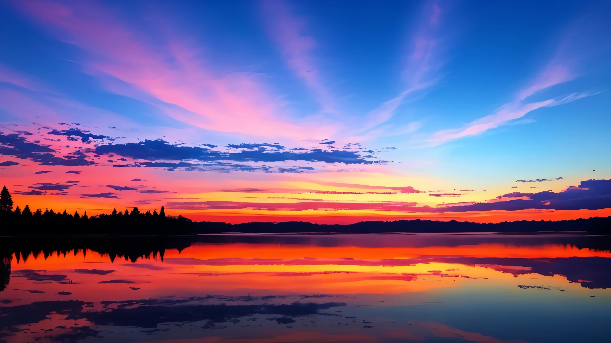 lake and trees々There is a beautiful sunset in the background, colorful sky, surreal colors, colorful sunset, colorful sky, wonderful skyの反射, stunning sky, dreamy atmosphere 8k, colorful clouds, colors reflected in the lake, surreal sky, red and blue reflections, fire reflection, beautiful sky, beautiful and spectacular sunset, beautiful dreamy landscape, wonderful sky