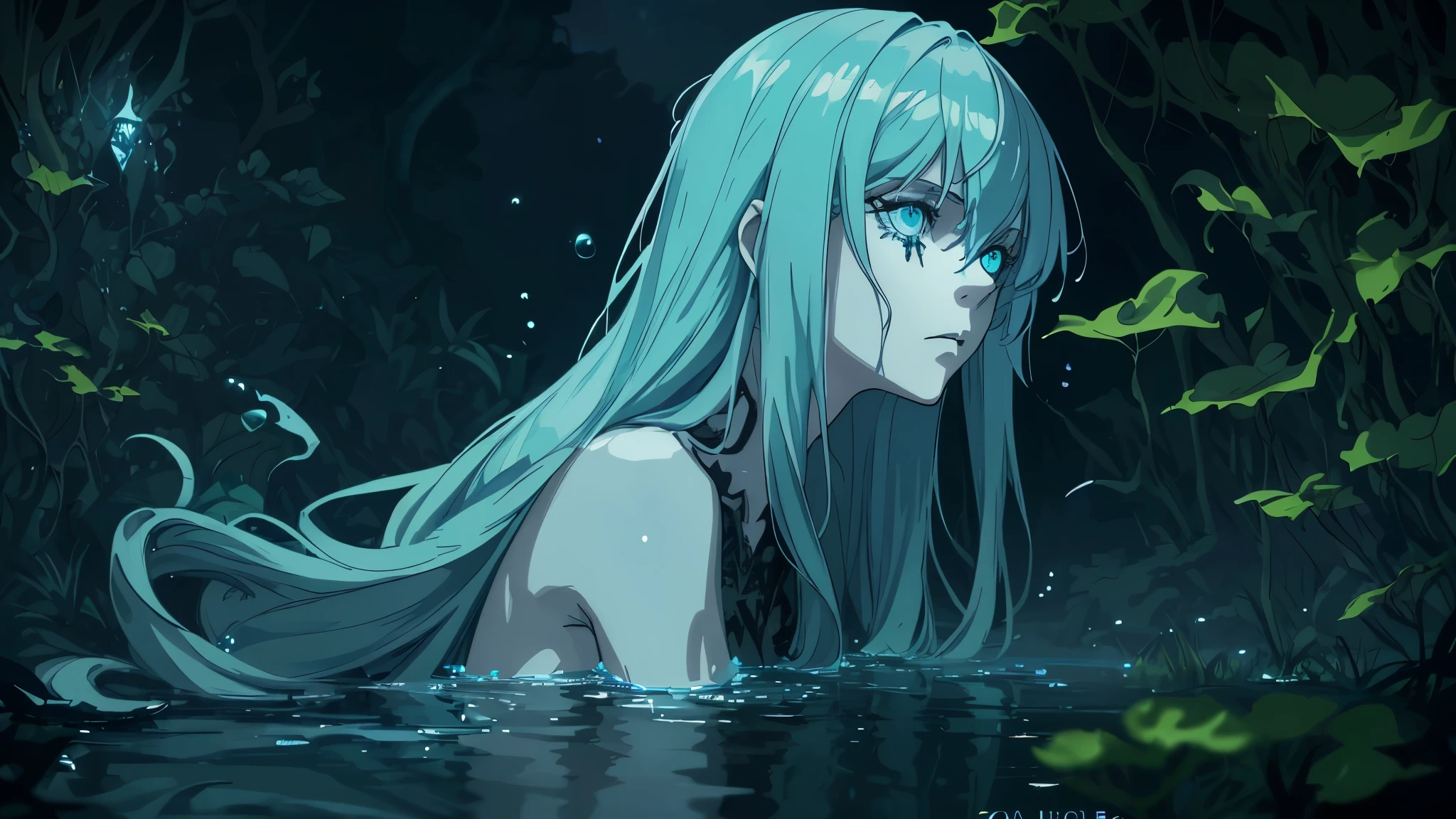 zrpgstyle, from_side from_below beautiful scary woman made of water (sadness expression:1.2) woman with (long water hair:1.2) rising out of the water moss smoke vines churning water fireflies midnight moonlight backlight (masterpiece:1.2) (best quality) (detailed) (intricate) (8k) (HDR) (wallpaper) (cinematic lighting) (sharp focus)