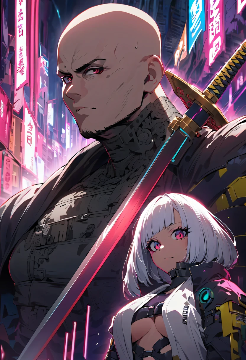 Samurai sword,sh4g0d风格赛博朋克女战士,(bald,monk:1.2),bushido,robe